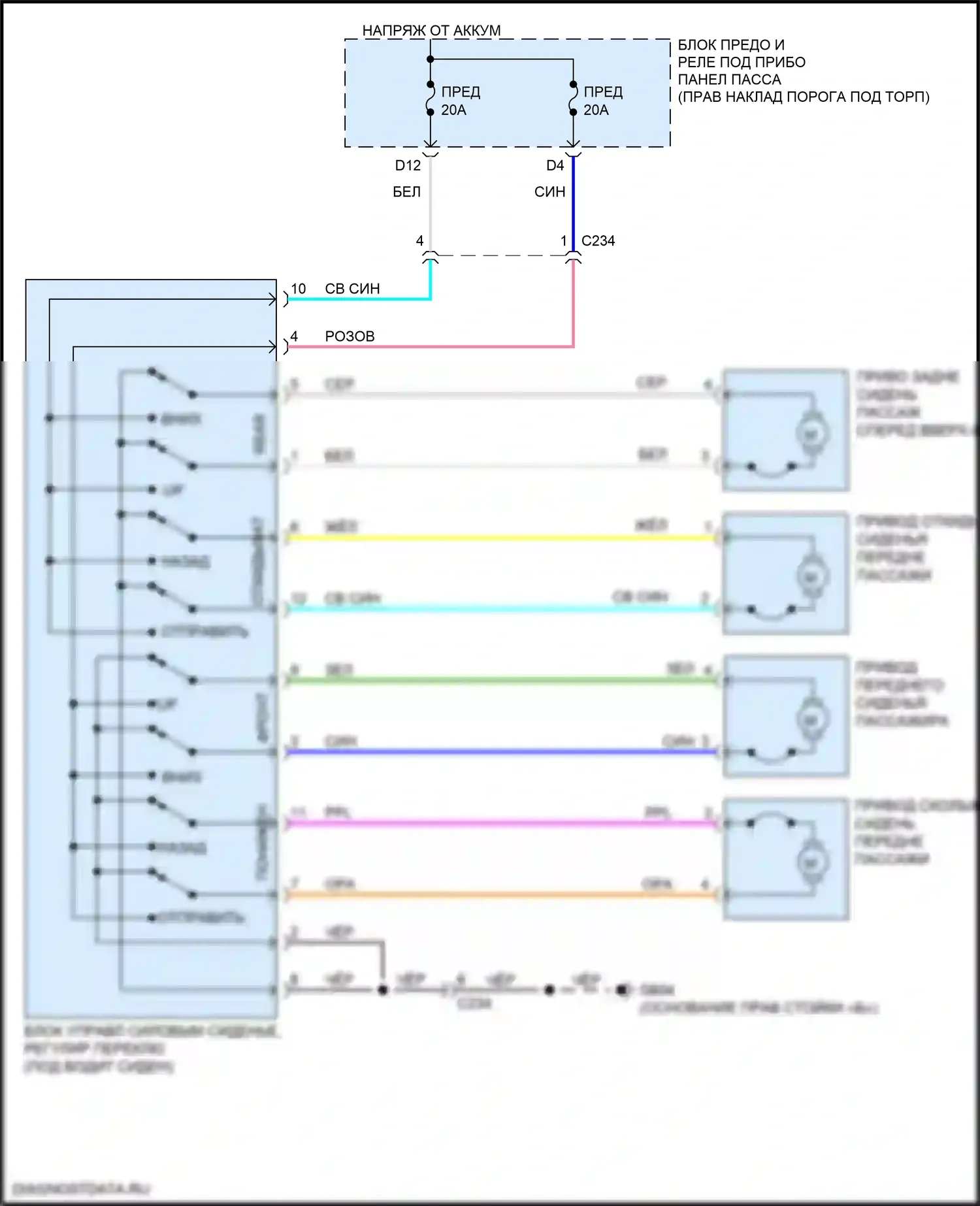 MDX Acura III рестайлинг 2 (2016-2021): Электросхема сиденья переднего пассажира с электроприводом, за исключением гибридного 