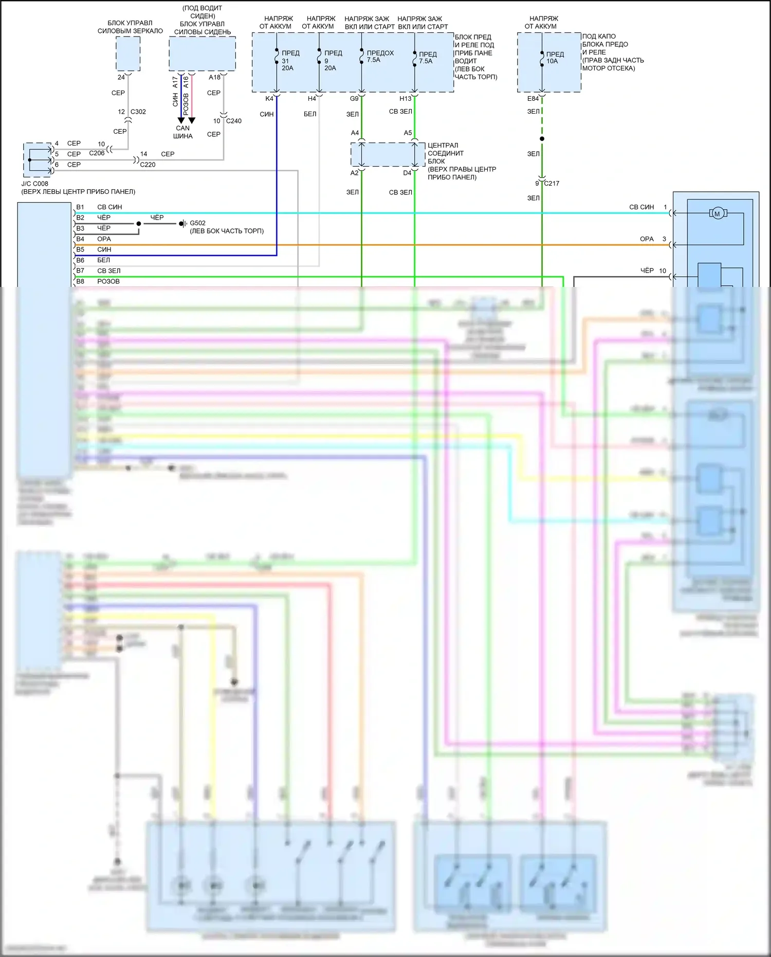 MDX Acura III рестайлинг (2015-2016): Электросхема наклона питания памяти и телескопического подключения питания 