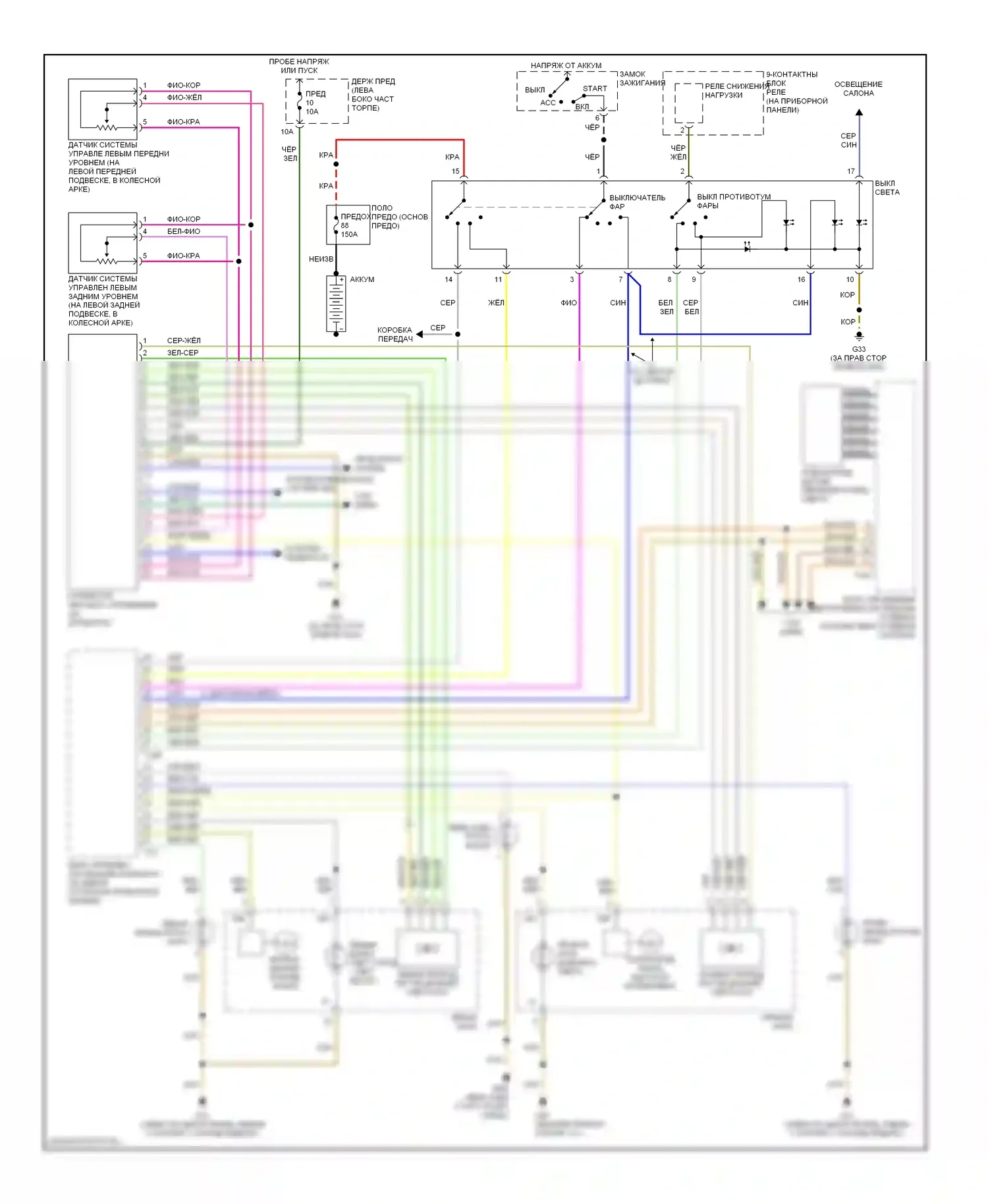 A4 Audi B6 (2000-2006): Электросхема фар и противотуманных фар, без кабриолета, с высокоинтенсивными бензиновыми разрядными фарами с высоким содержанием опций 