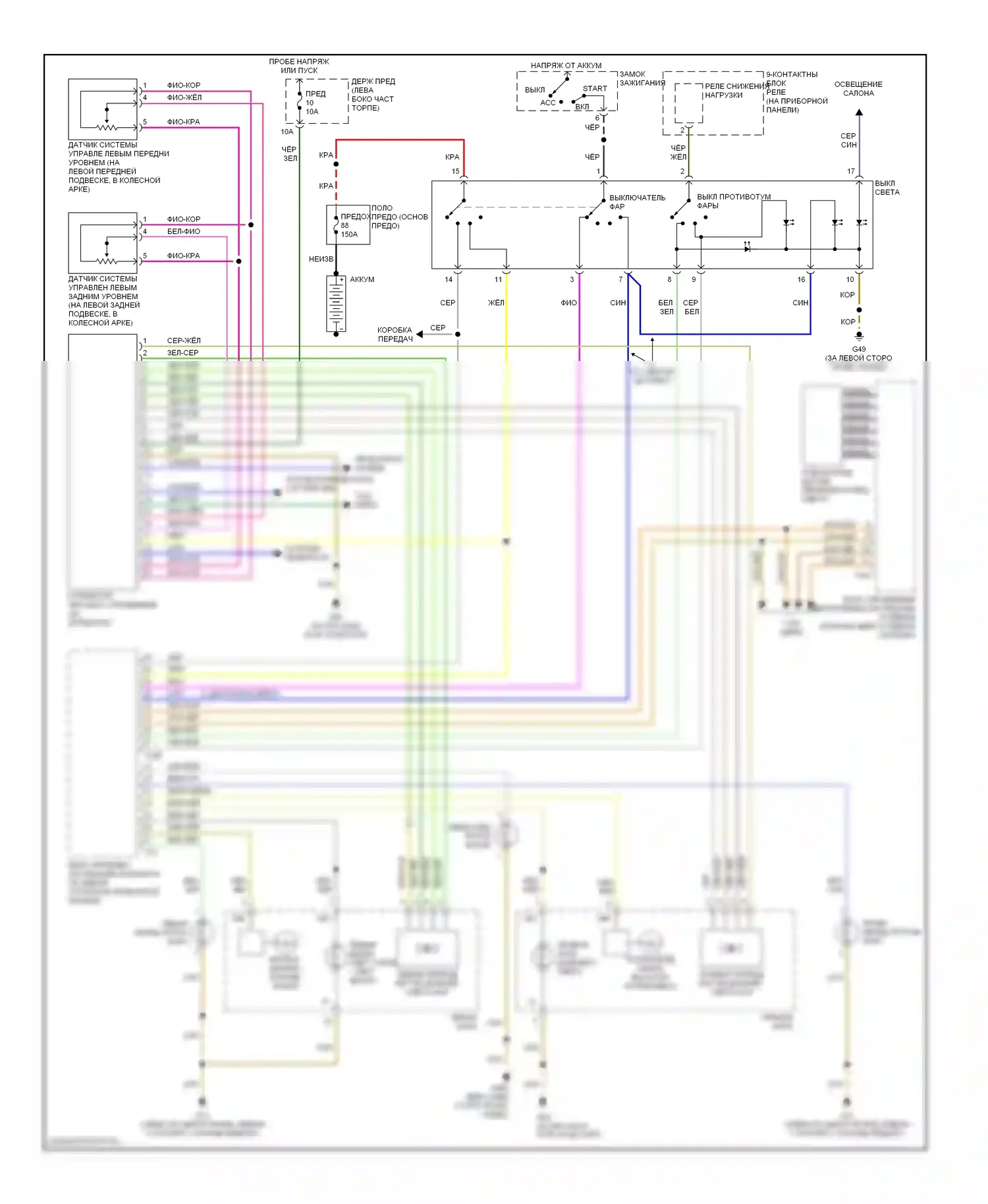 A4 Audi B6 (2000-2006): Электросхема фар и противотуманных фар, с кабриолетом, с бензиновыми разрядными фарами высокой интенсивности 