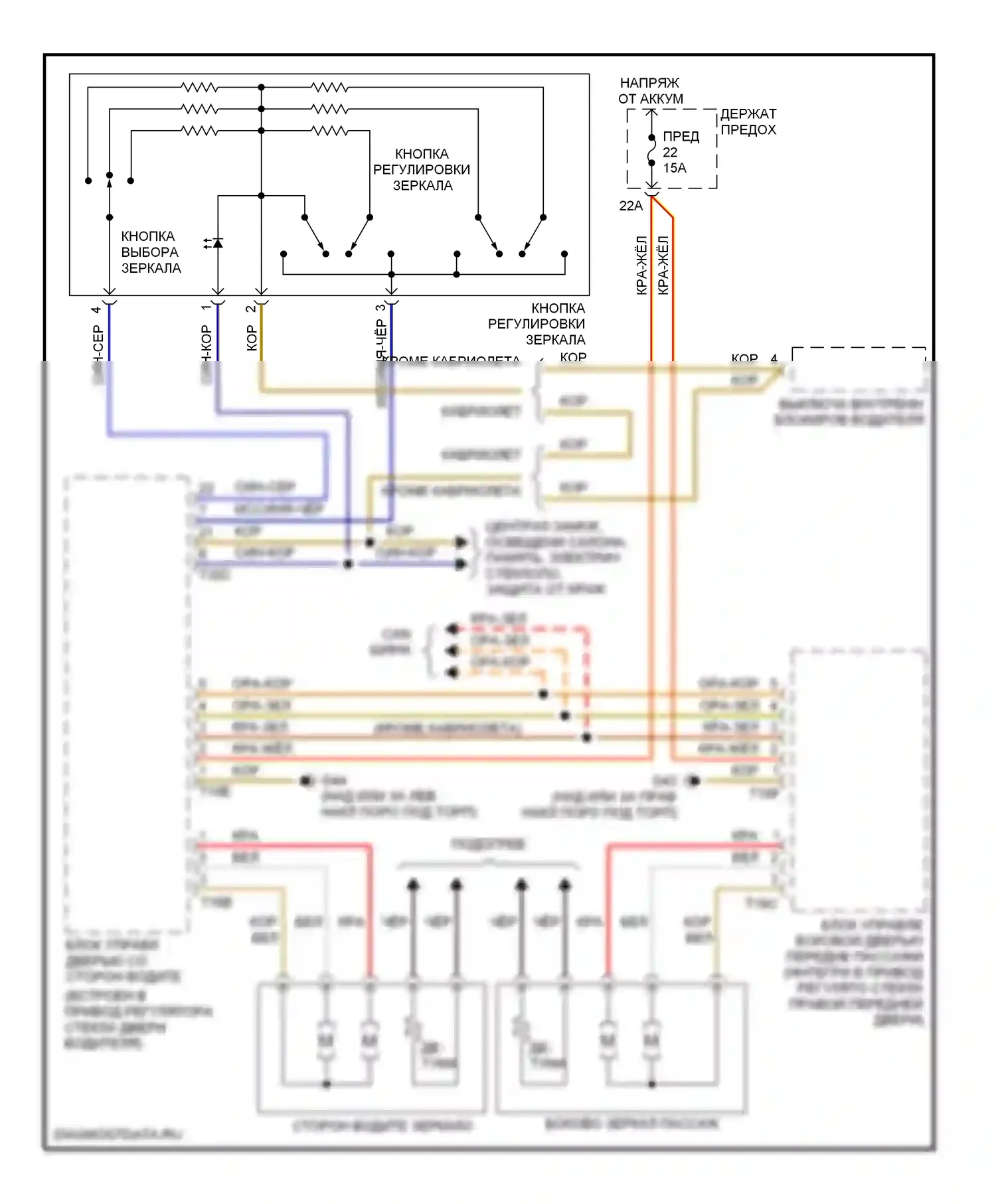 A4 Audi B7 (2004-2009): Электросхема управления зеркалами заднего вида, без автоматических зеркал наклона вниз 