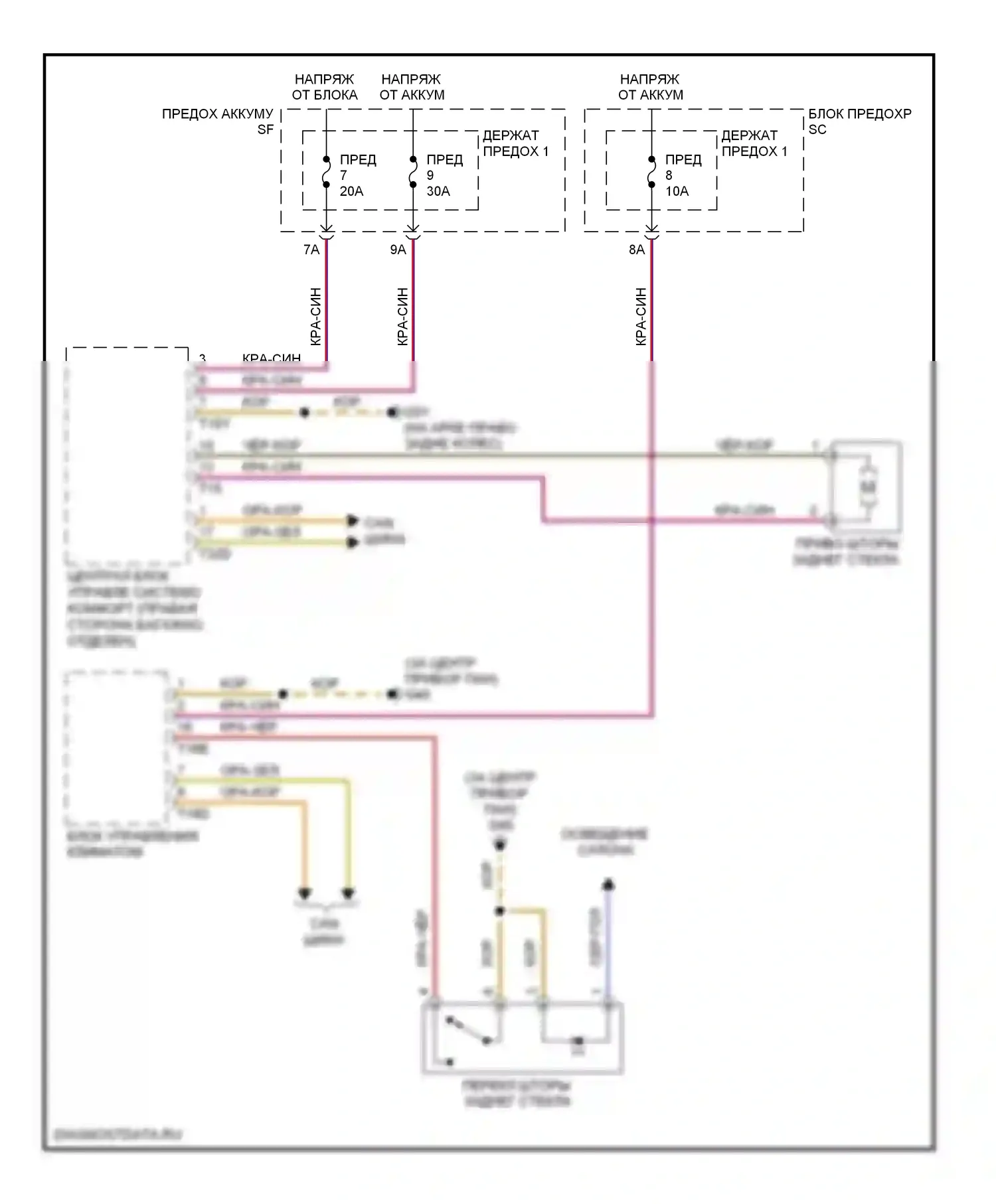 A6 Audi C6 рестайлинг (2008-2011): Электросхема солнцезащитного козырька заднего стекла 