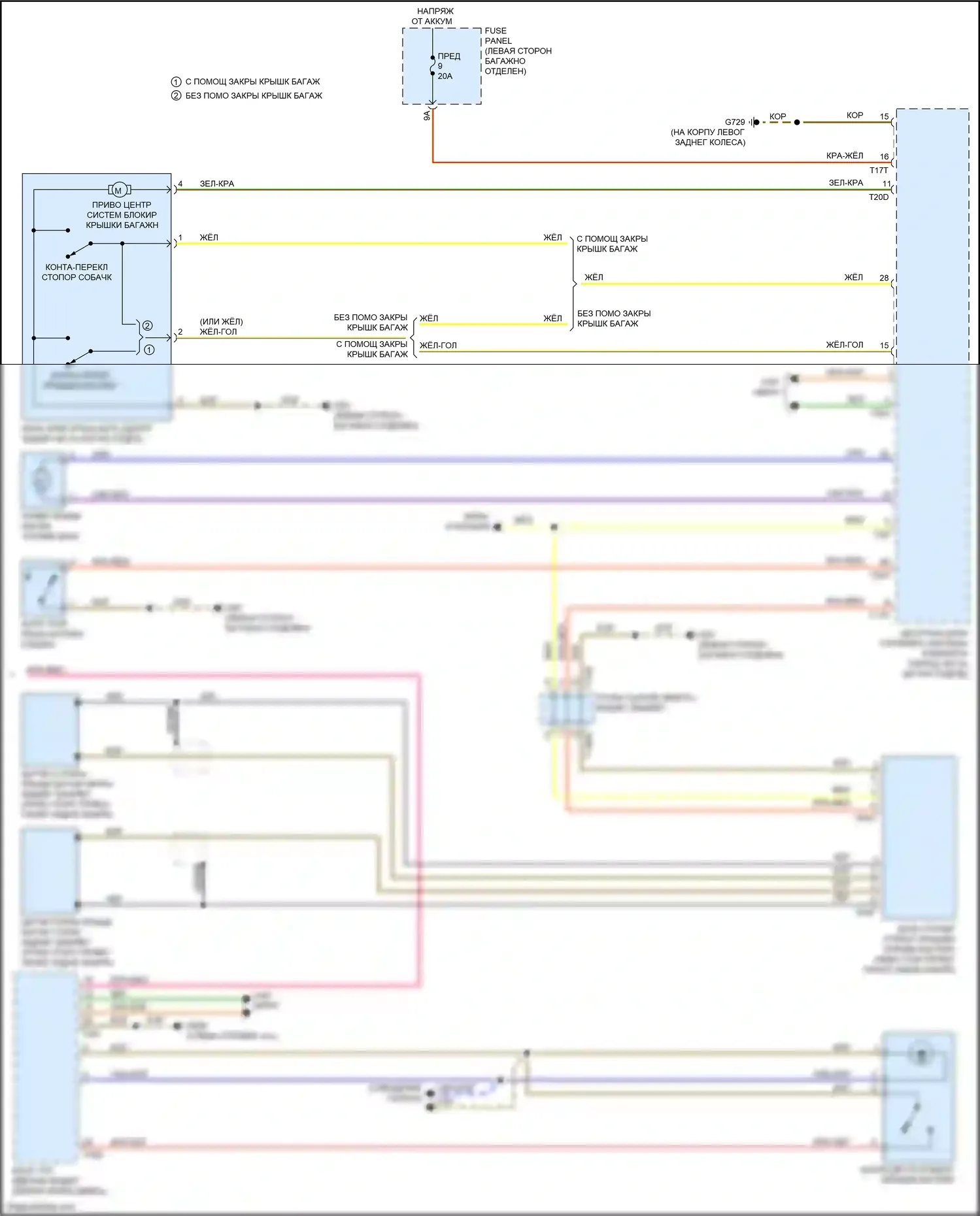A6 Audi C8 (2018-2023): Электросхема открытия багажника и лючка топливного бака (2 из 2) 