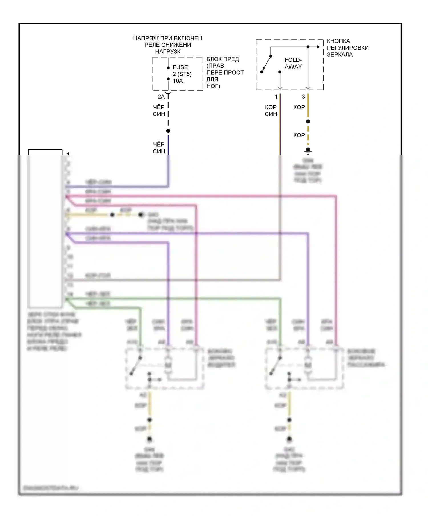 A8 Audi D2 рестайлинг (1999-2002): Электросхема зеркал с откидными зеркалами 