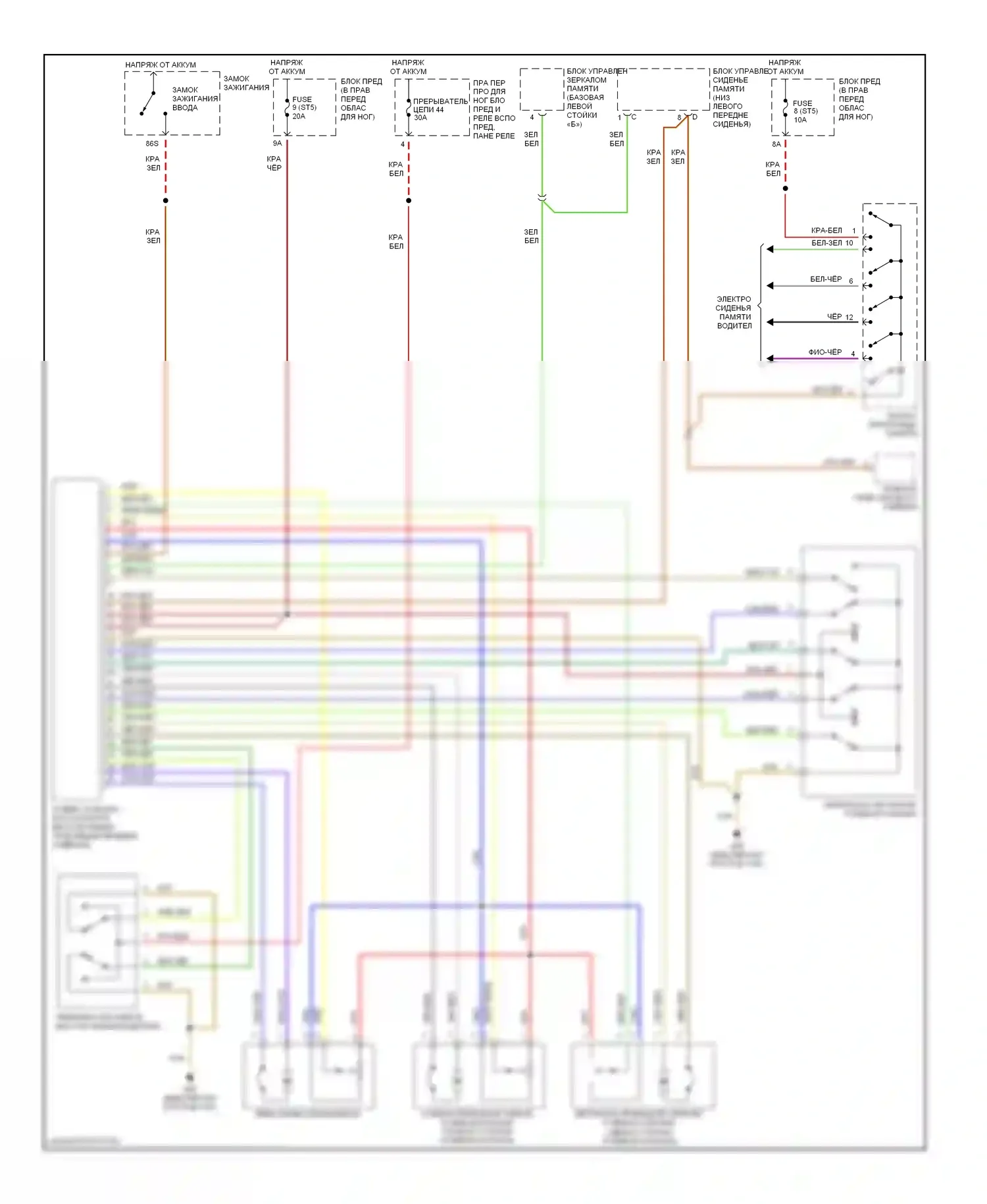 A8 Audi D2 (1994-1999): Электросхема столбца памяти и высоты ремня 