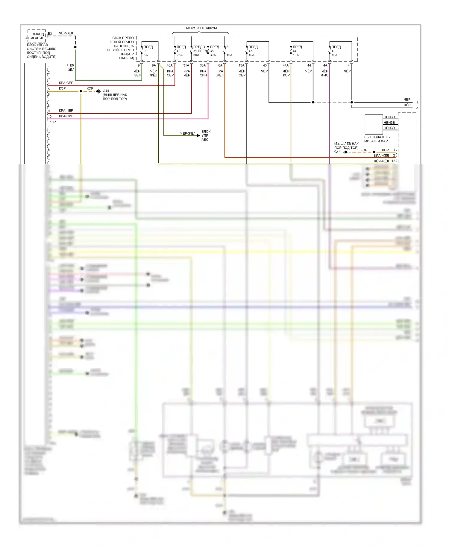 A8 Audi D3 рестайлинг (2005-2007): Электросхема фар и противотуманных фар, с биксеноном, с поворотными фарами (1 из 2) 