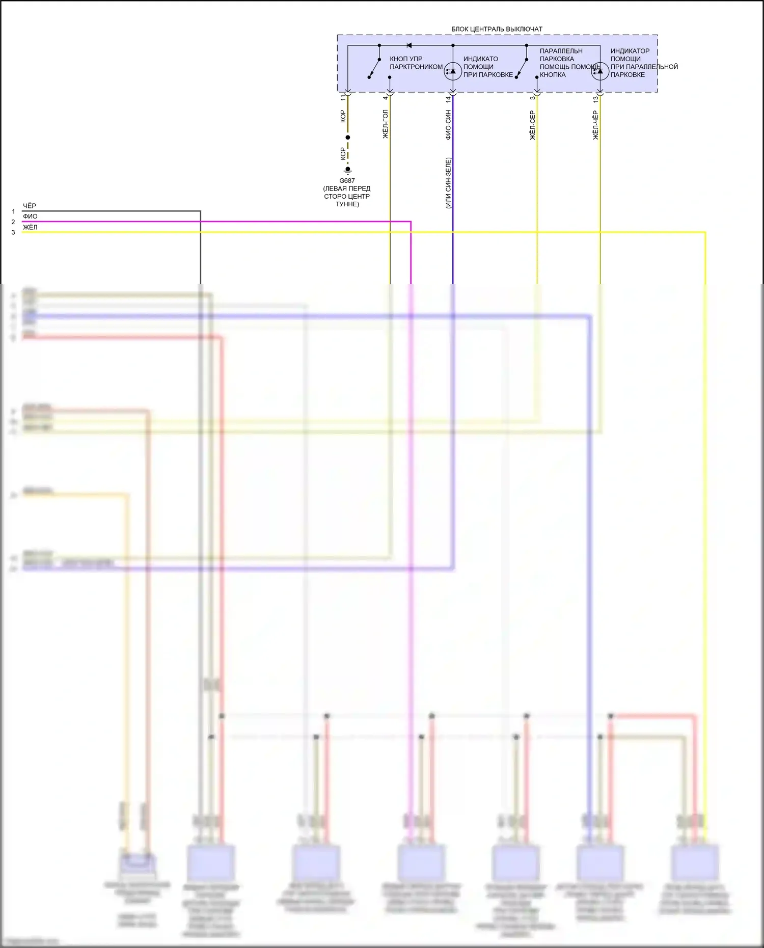 Q3 Audi II (2018-2024): Электросхема парктроника, с параллельной парковкой (2 из 2) 