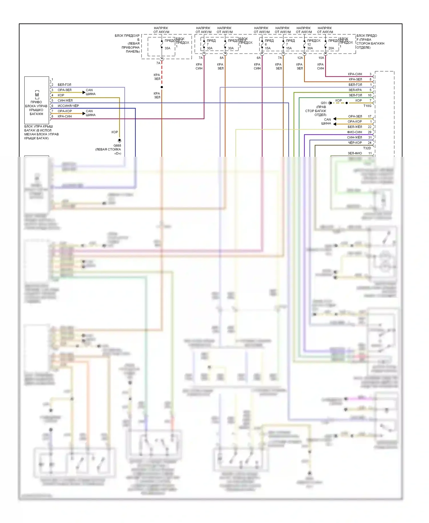 Q7 Audi 4L рестайлинг (2009-2015): Электросхема открытия багажника и лючка топливного бака 