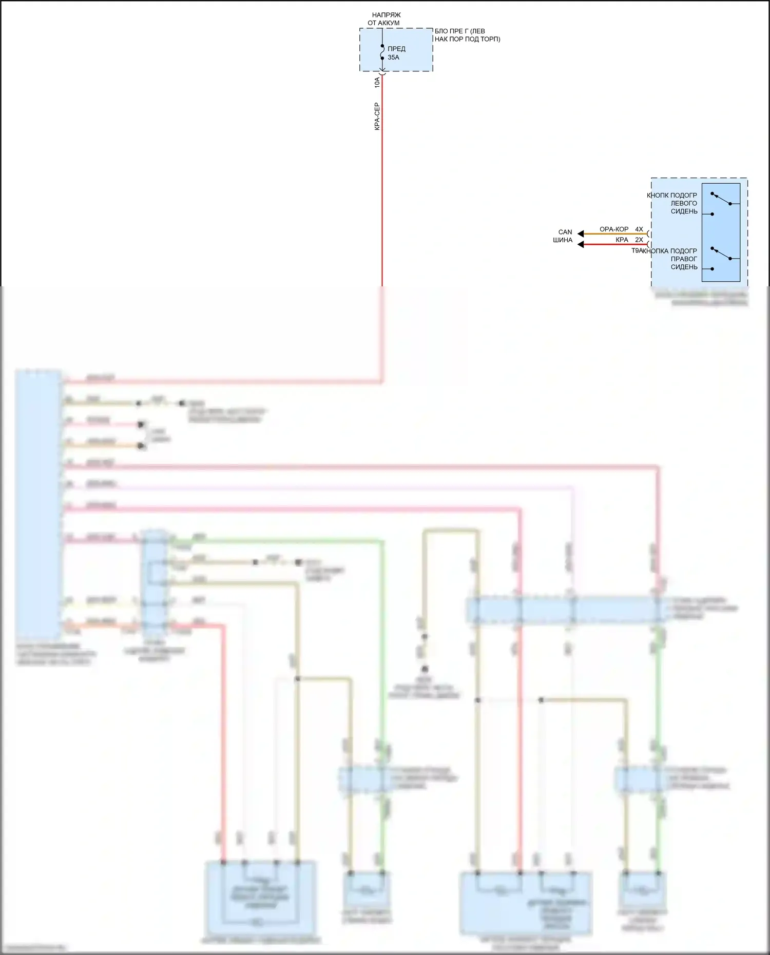 RS7 Audi II (2019-2024): Электросхема передних обогреваемых сидений, без вентиляции, со стандартными и комфортными сиденьями 