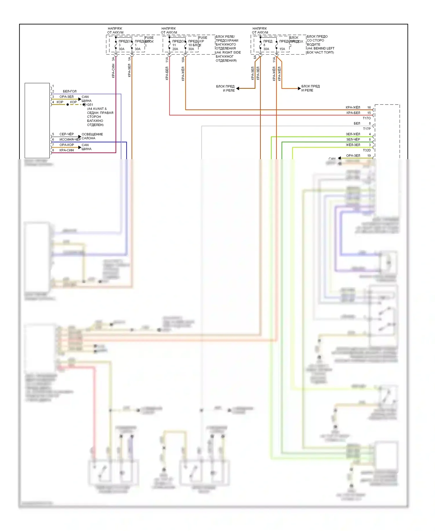 S4 Audi B8 (2008-2011): Электросхема открытия багажника и лючка топливного бака 