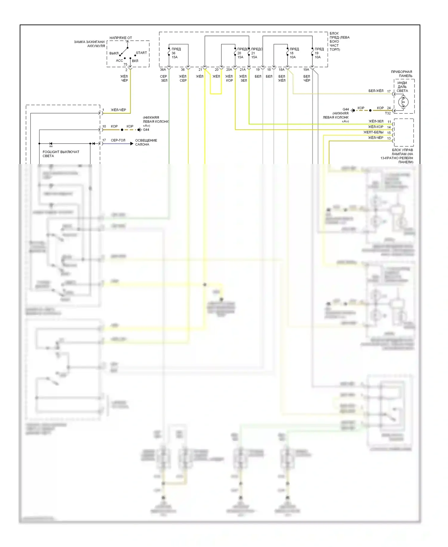 S6 Audi C5 (1999-2004): Электросхема фар и противотуманных фар, без дрели, с информационным центром водителя 