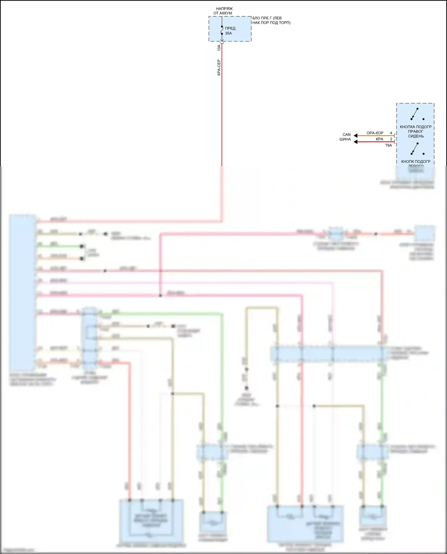 S7 Audi 4K (2019-2024): Электросхема передних обогреваемых сидений, без вентиляции, со стандартными и комфортными сиденьями 