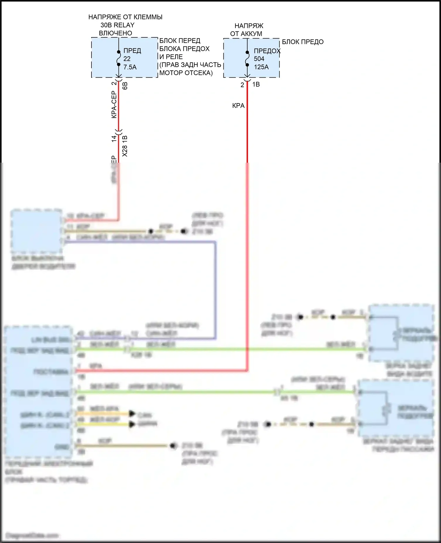 3 серия BMW F30/F31 рестайлинг (2015-2020): Электросхема обогреваемых зеркал, без функции шины lin 