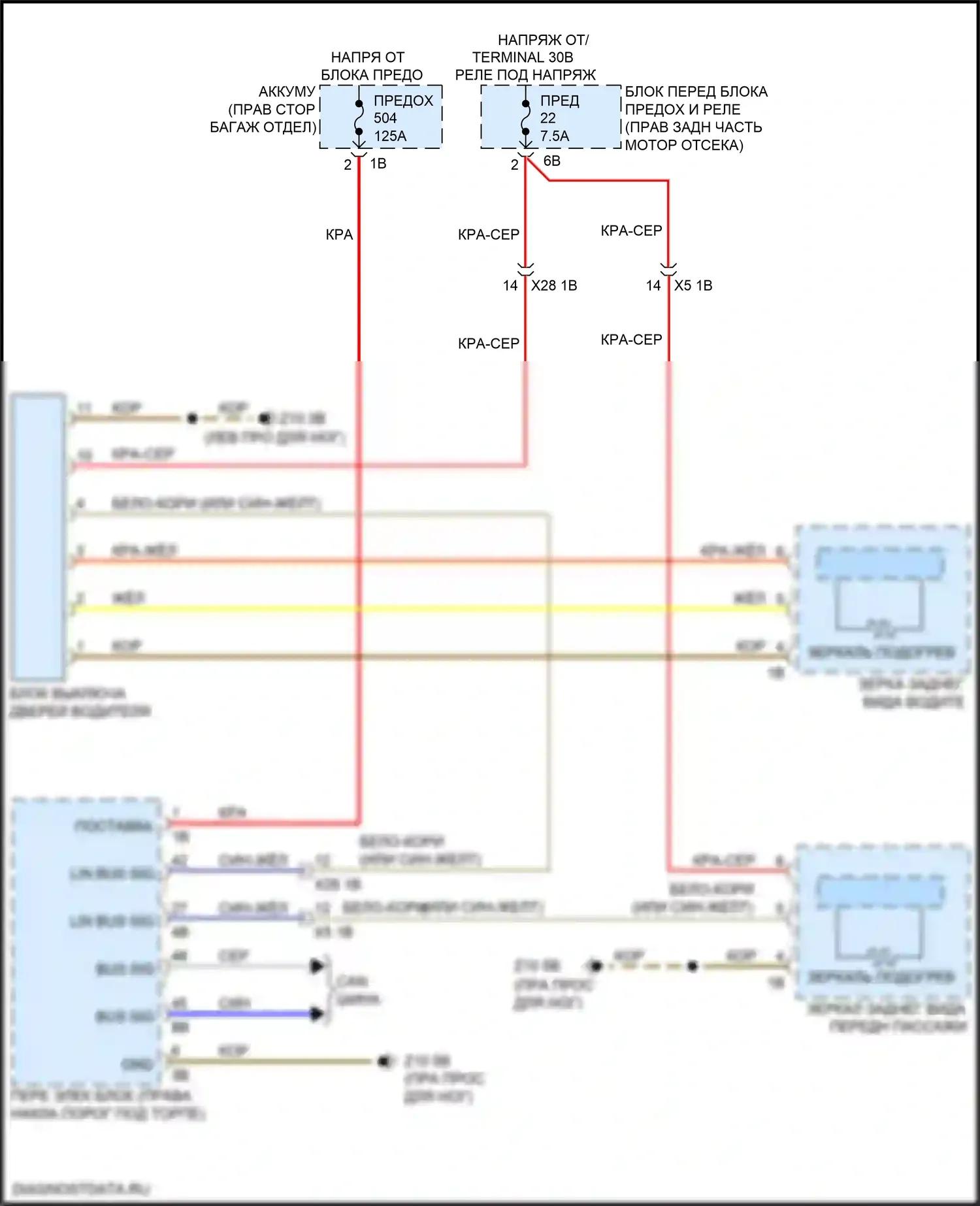 4 серия BMW F32/F33 рестайлинг (2017-2020): Электросхема обогреваемых зеркал, с функцией шины lin 