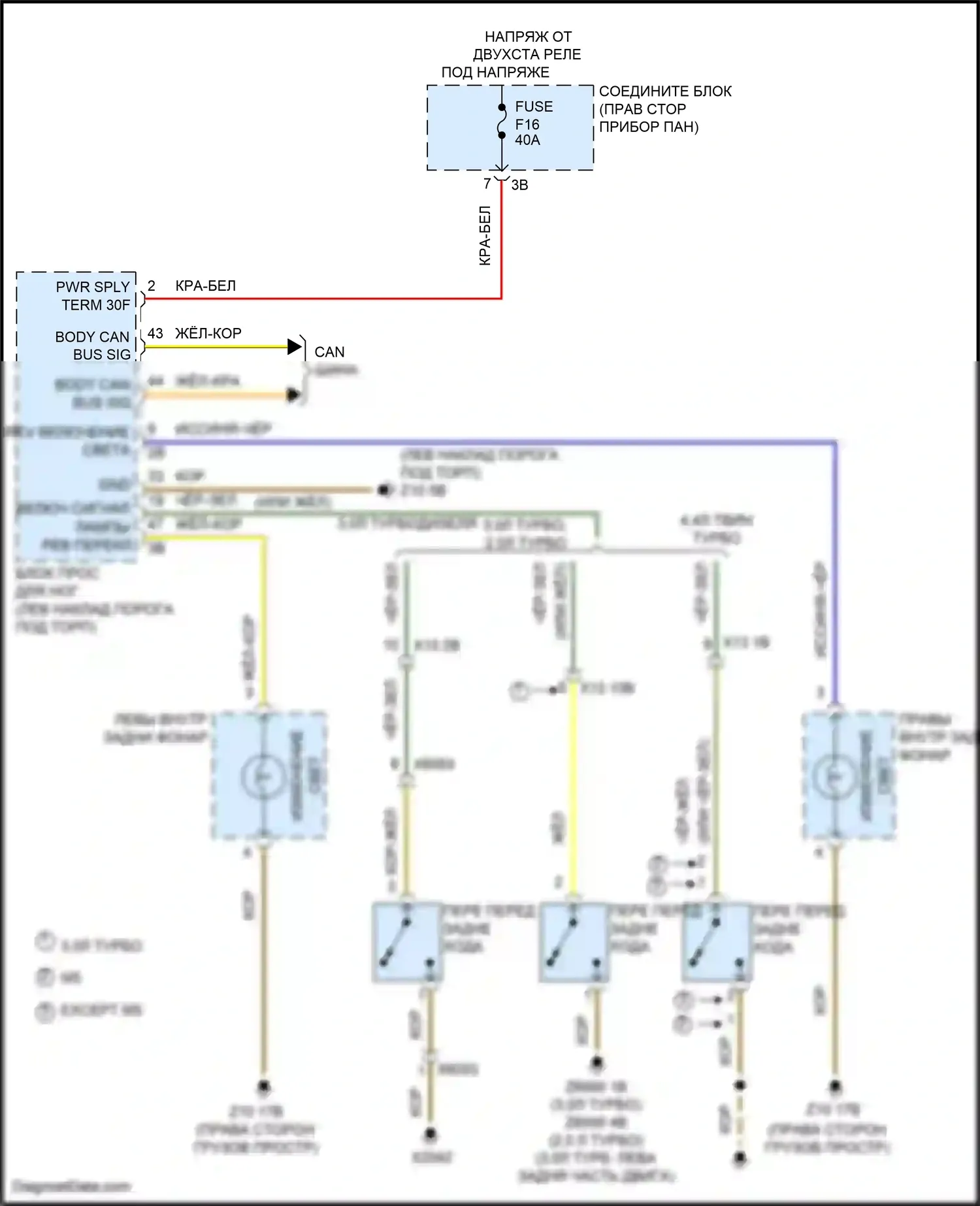 5 серия BMW F10/F11 рестайлинг (2013-2017): Электросхема фонарей заднего хода 