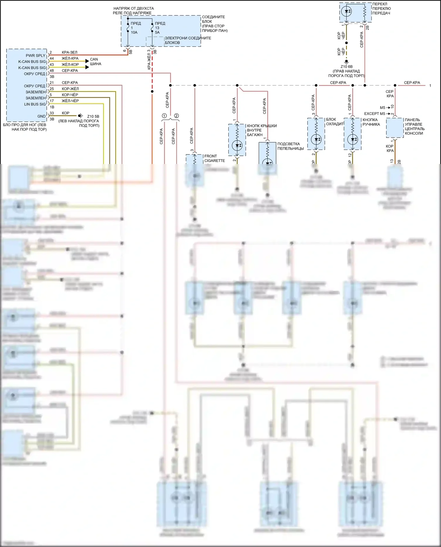 5 серия BMW F10/F11 рестайлинг (2013-2017): Электросхема подсветки приборной панели (1 из 2) 
