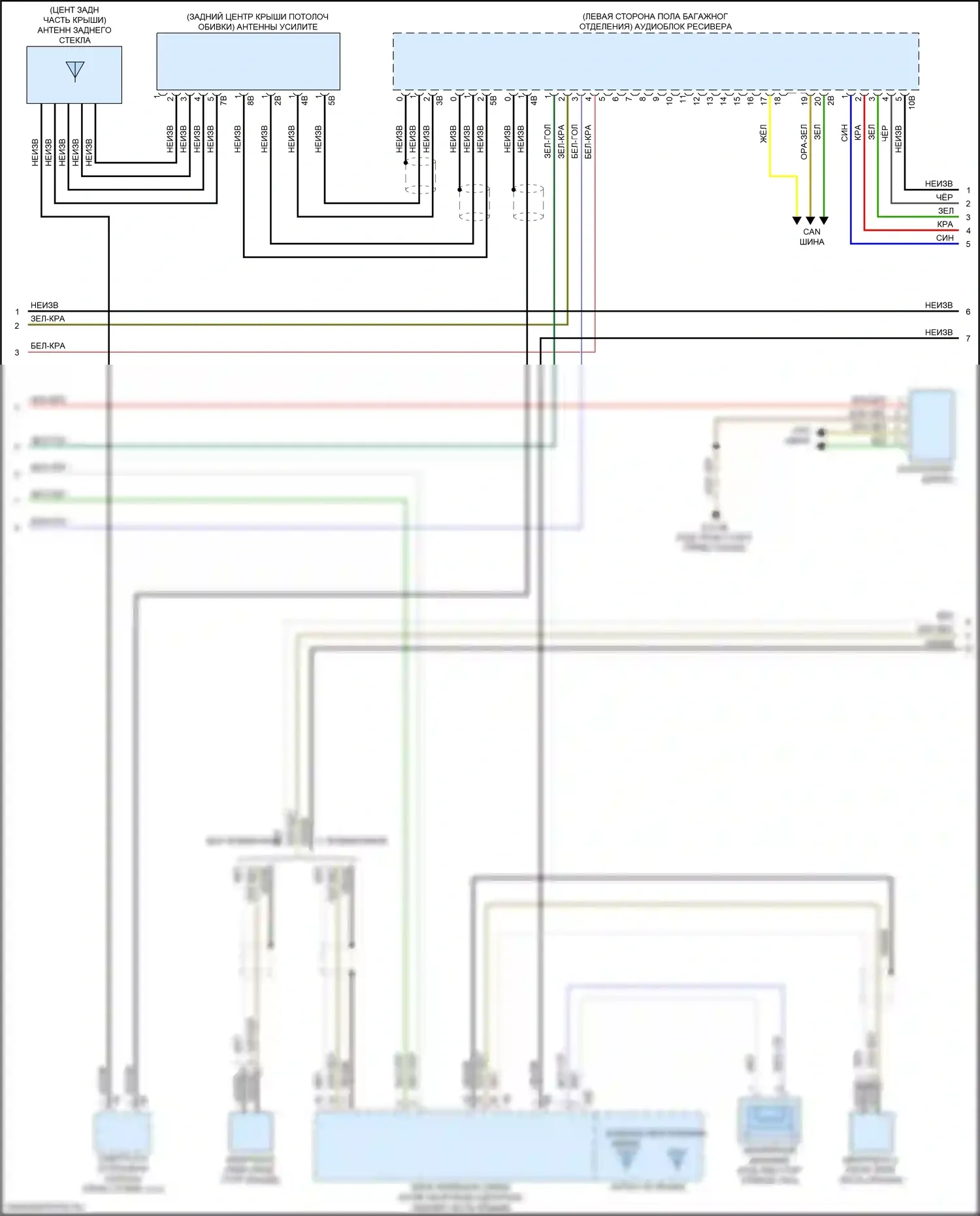 5 серия BMW G30/G31 рестайлинг (2020-2024): Электросхема аудиоблока приемника, средний уровень (3 из 4) 