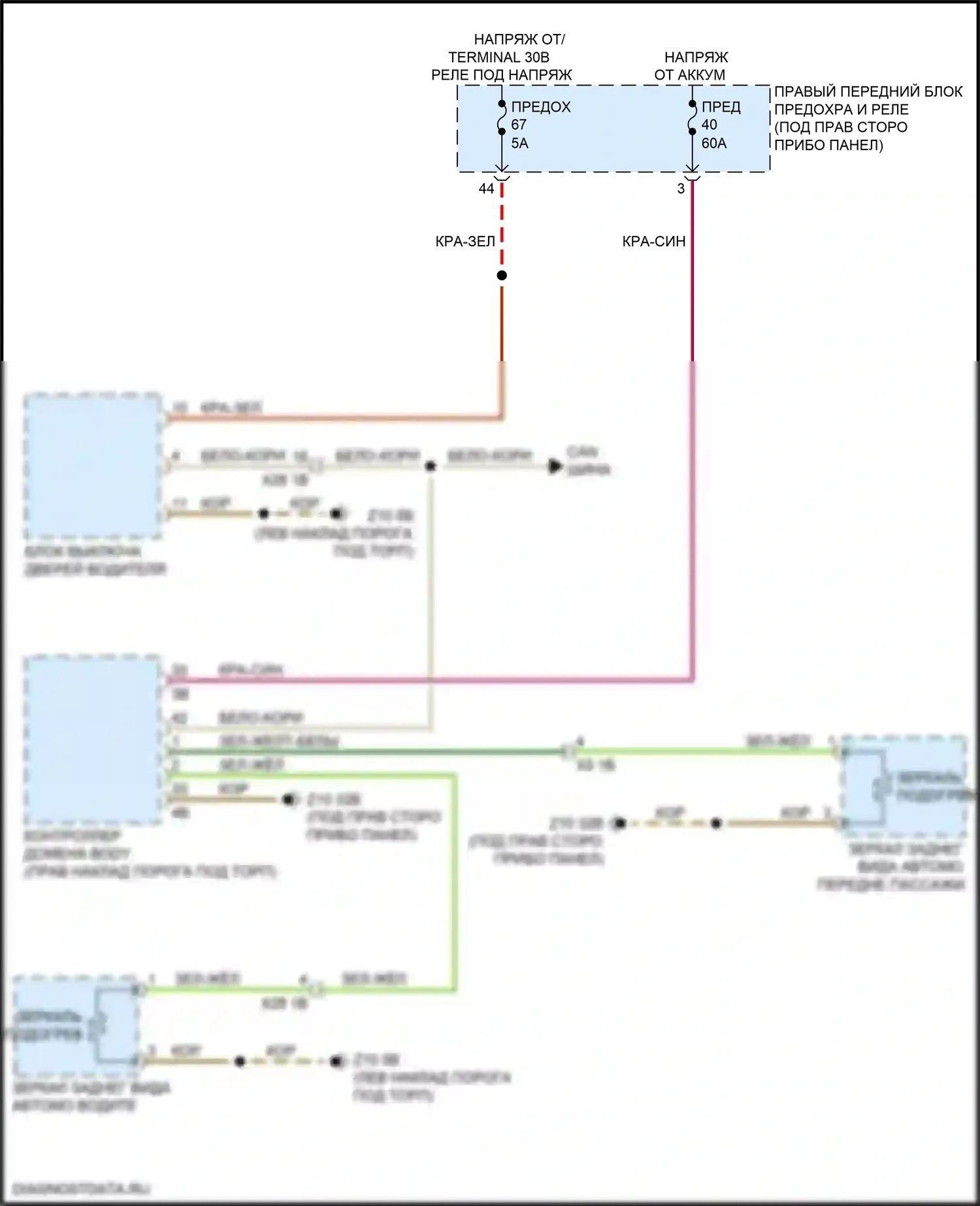 5 серия BMW G30/G31 рестайлинг (2020-2024): Электросхема обогреваемых зеркал, без функции шины lin 