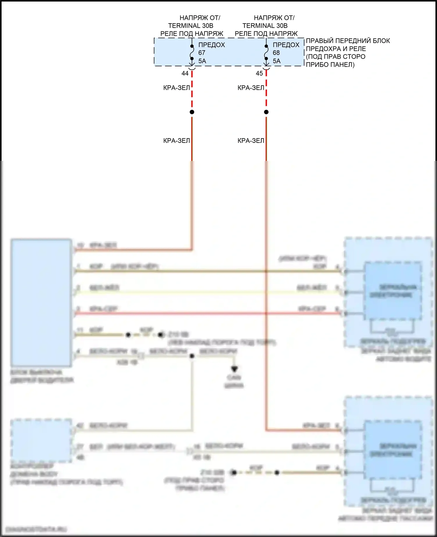 5 серия BMW G30/G31 рестайлинг (2020-2024): Электросхема обогреваемых зеркал, с функцией шины lin 