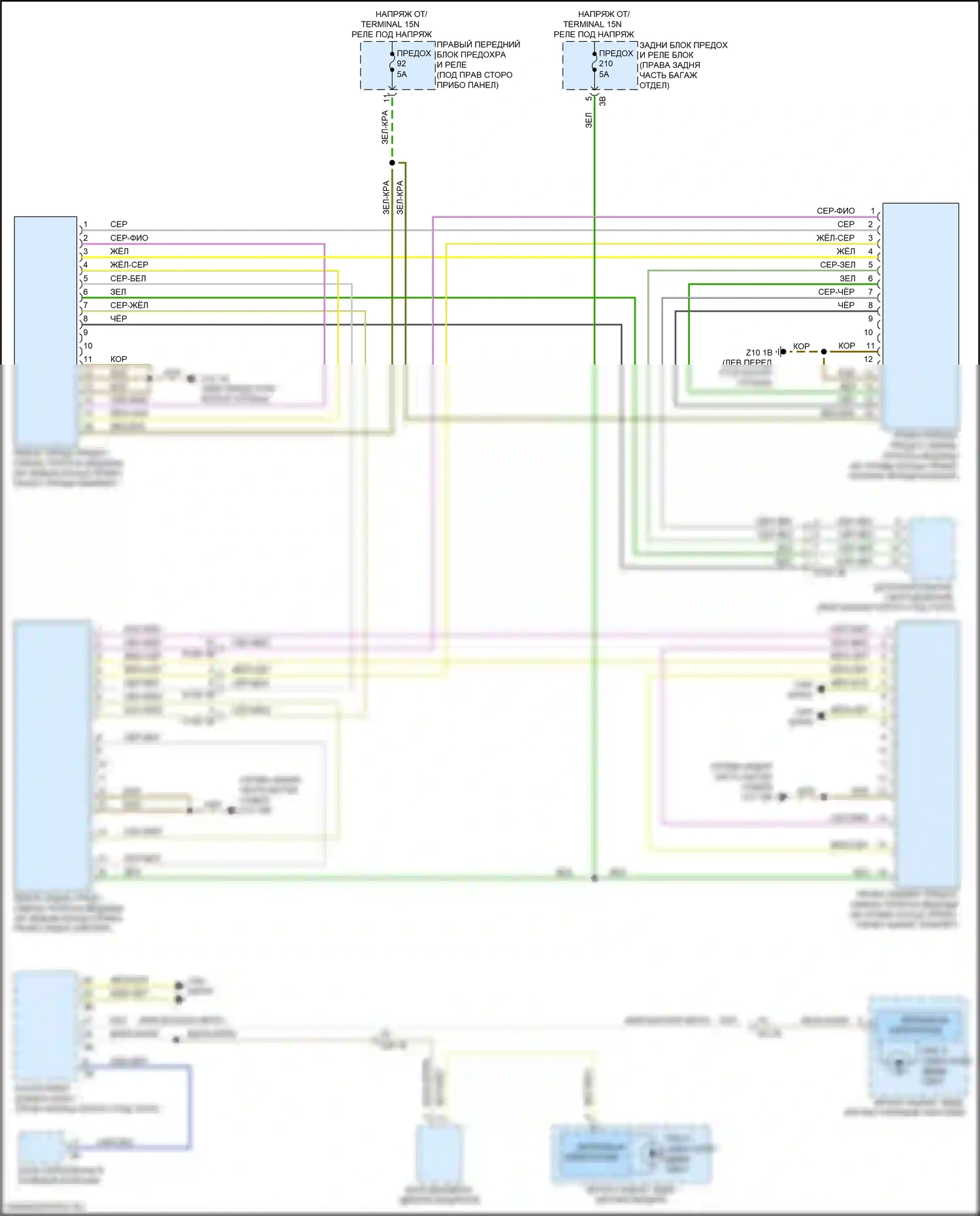 5 серия BMW G30/G31 рестайлинг (2020-2024): Электросхема сигнализации о выезде с полосы движения, без камеры, с датчиками изменения полосы движения спереди и сзади 