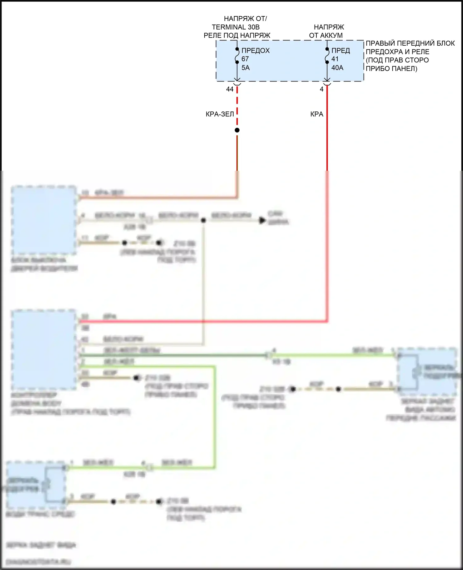 5 серия BMW G30/G31 (2016-2020): Электросхема обогреваемых зеркал, без функции шины lin 