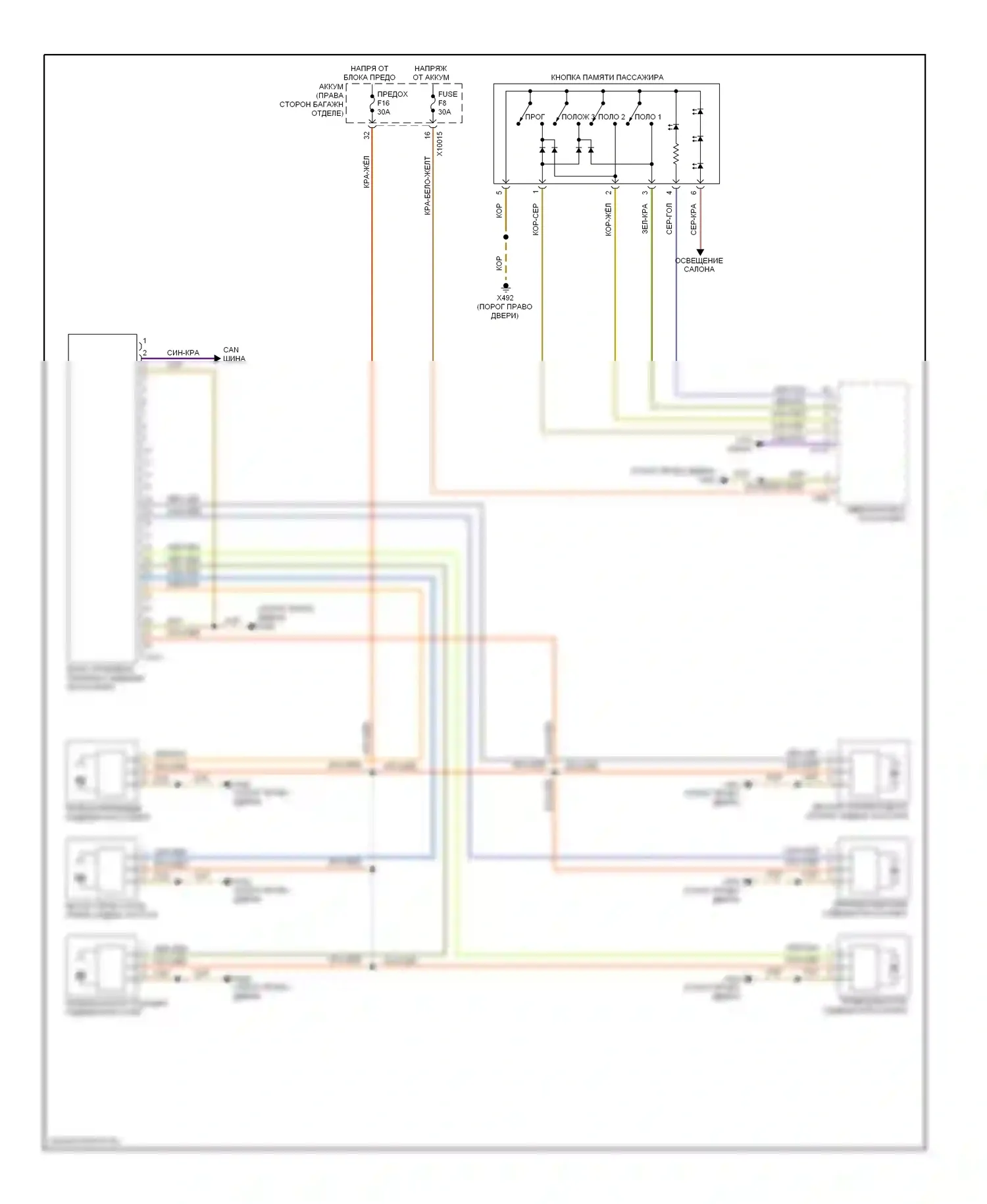 7 серия BMW E38 рестайлинг (1998-2001): Электросхема сиденья памяти пассажира, без кнопки дистанционного управления 