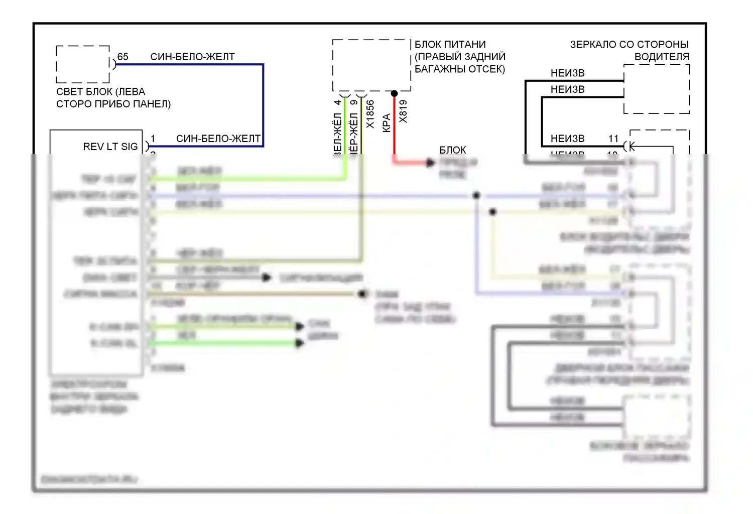 7 серия BMW E65/E66 рестайлинг (2005-2008): Электросхема управления зеркалами заднего вида 