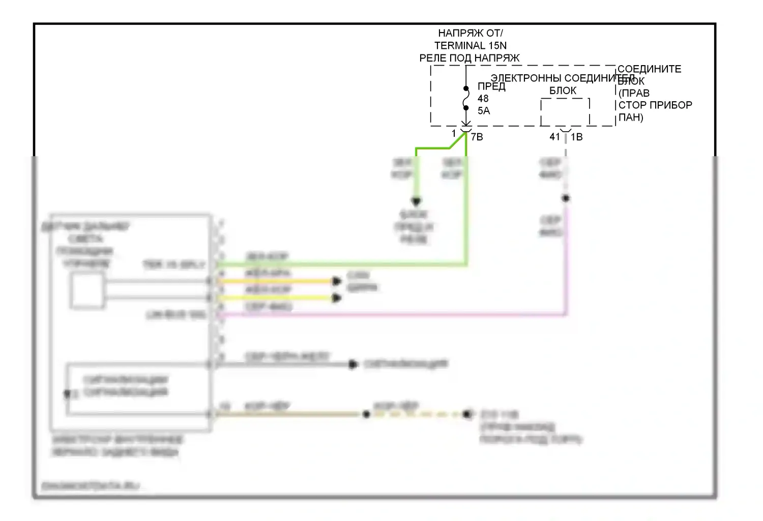 7 серия BMW F01/F02 рестайлинг (2012-2015): Управление зеркалами заднего вида электросхема с предупреждением о выходе из полосы движения 