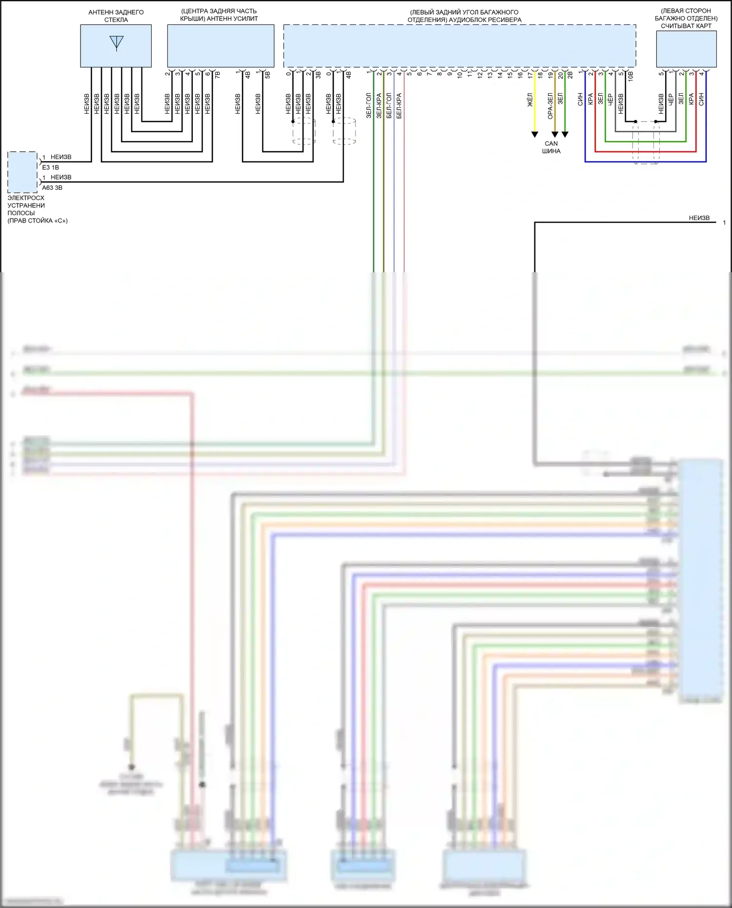 7 серия BMW G11/G12 рестайлинг (2019-2023): Электросхема аудиоблока приемника, средний уровень (3 из 5) 