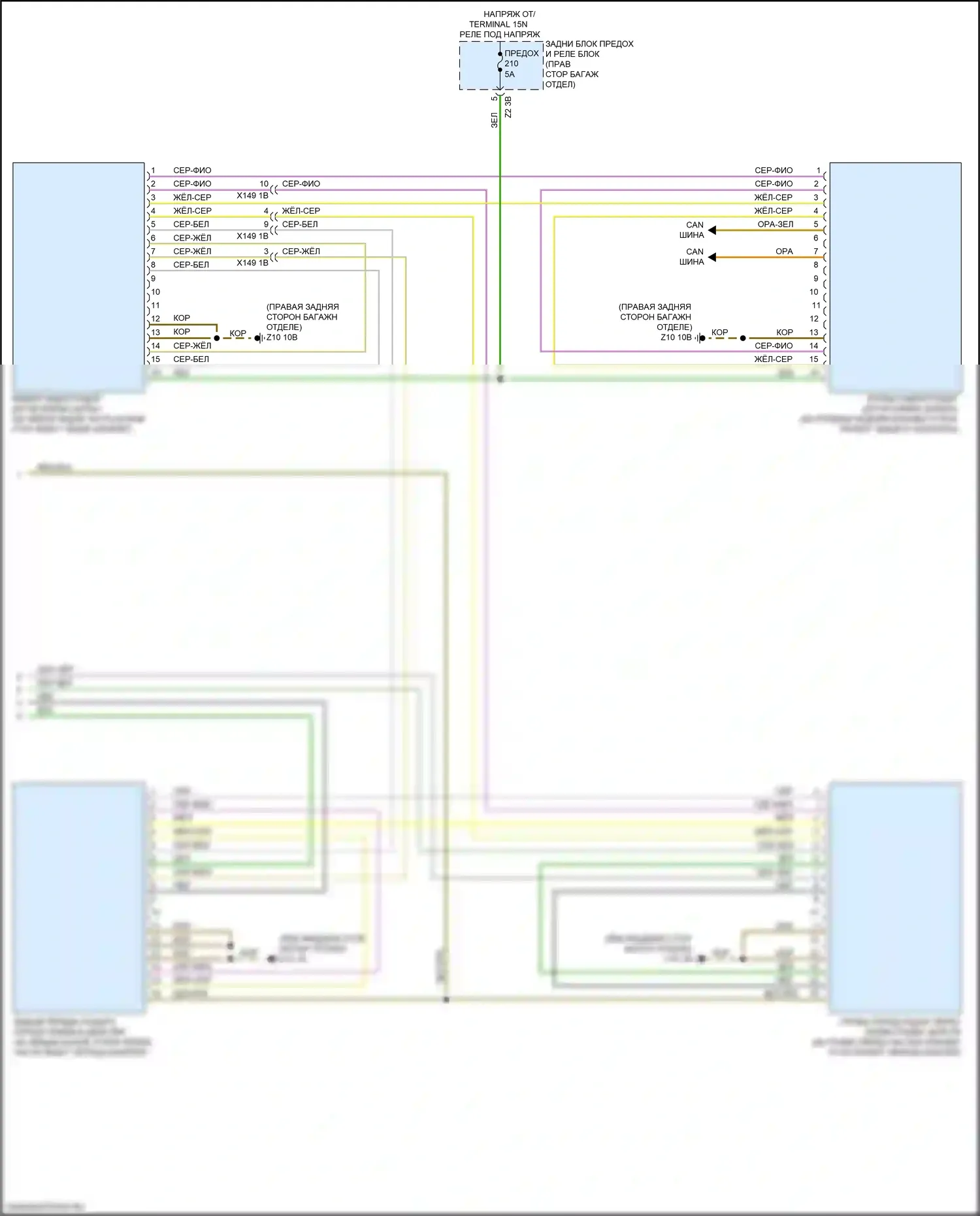 7 серия BMW G11/G12 рестайлинг (2019-2023): Электросхема контроля в слепой зоне с передним и задним радарными датчиками (2 из 2) 