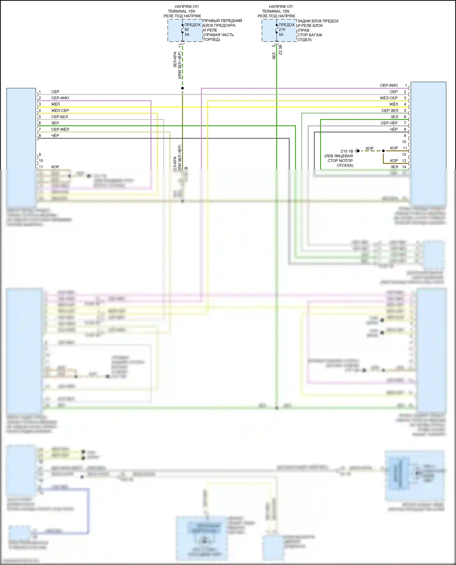 7 серия BMW G11/G12 рестайлинг (2019-2023): Электросхема сигнализации о выезде с полосы движения, без камеры, с датчиками изменения полосы движения спереди и сзади 