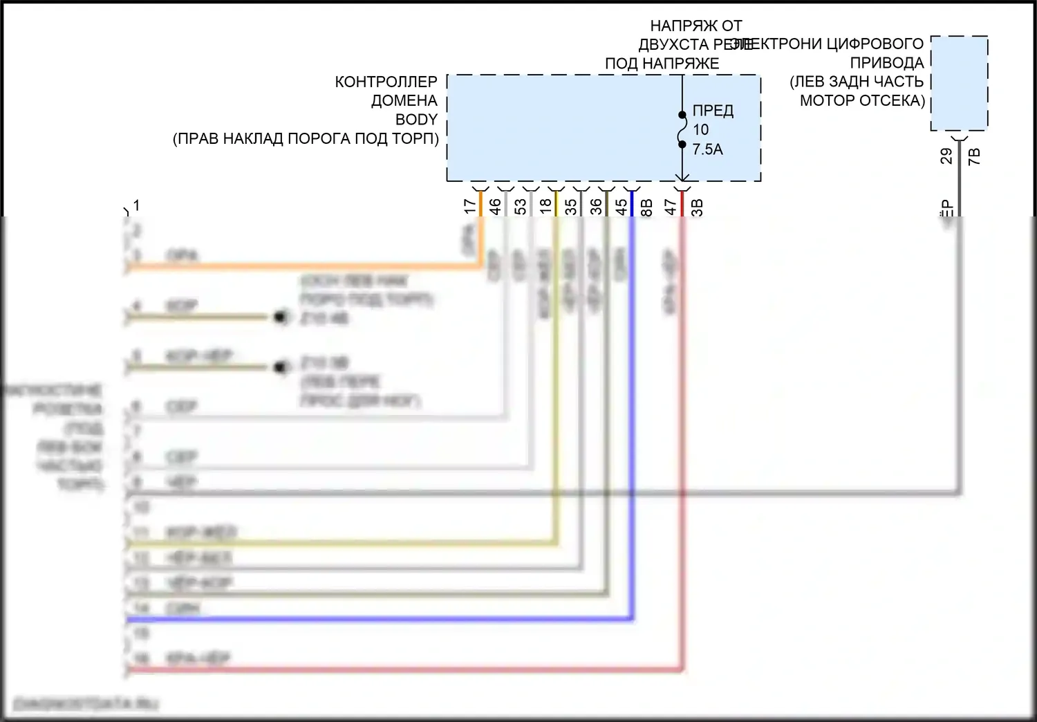 X1 BMW F48 рестайлинг (2019-2023): Электросхема диагностического разхъема 