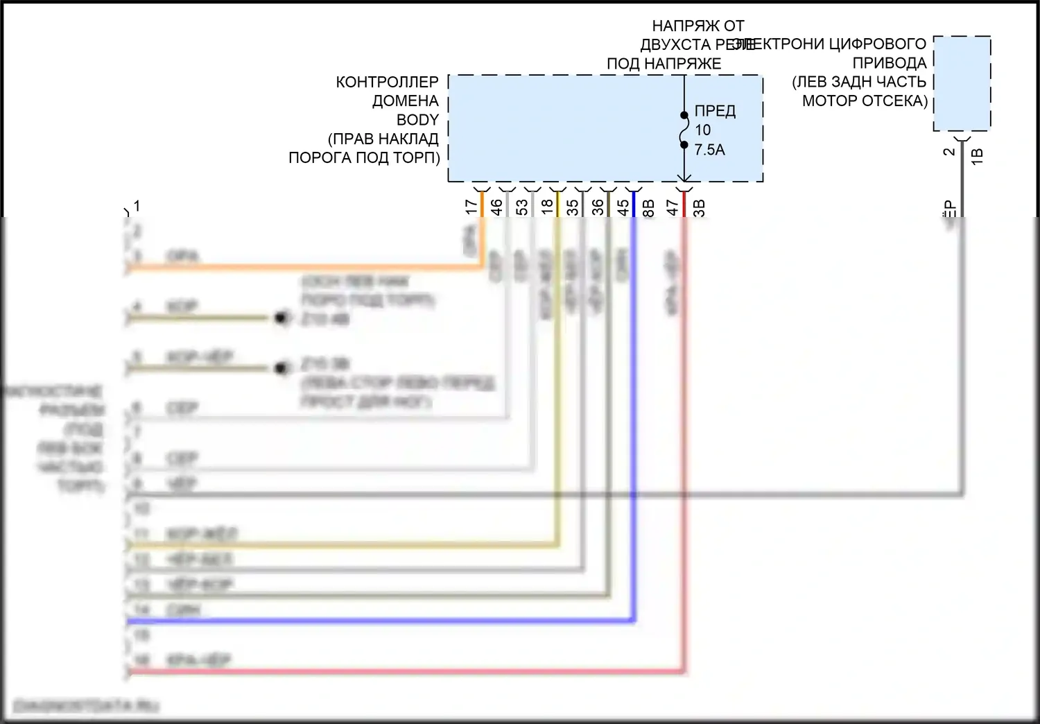 X1 BMW F48 (2015-2019): Электросхема диагностического разхъема 