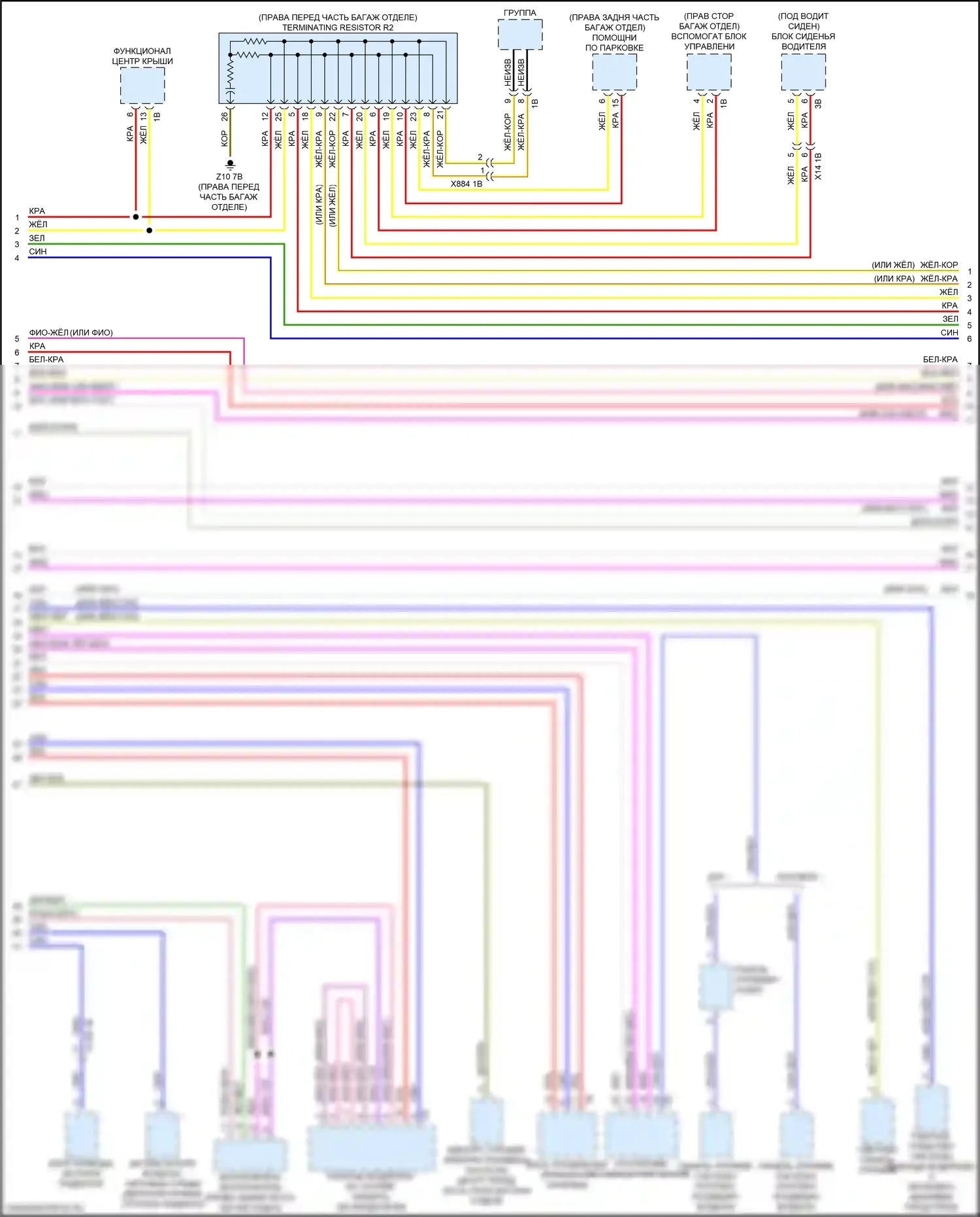 X1 BMW F48 (2015-2019): Электросхема шины высокого/низкого уровня (2 из 4) 