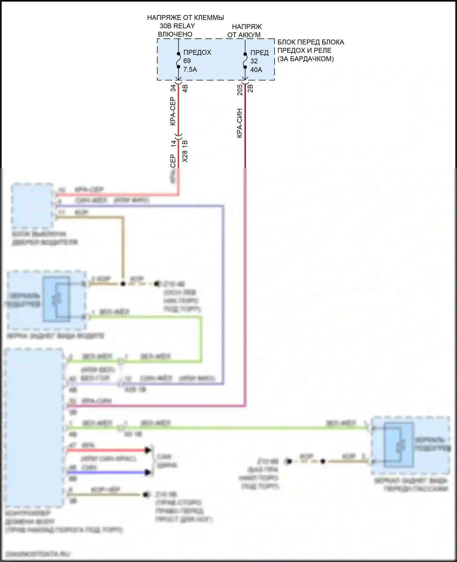 X1 BMW F48 (2015-2019): Электросхема обогреваемых зеркал, без функции шины lin 