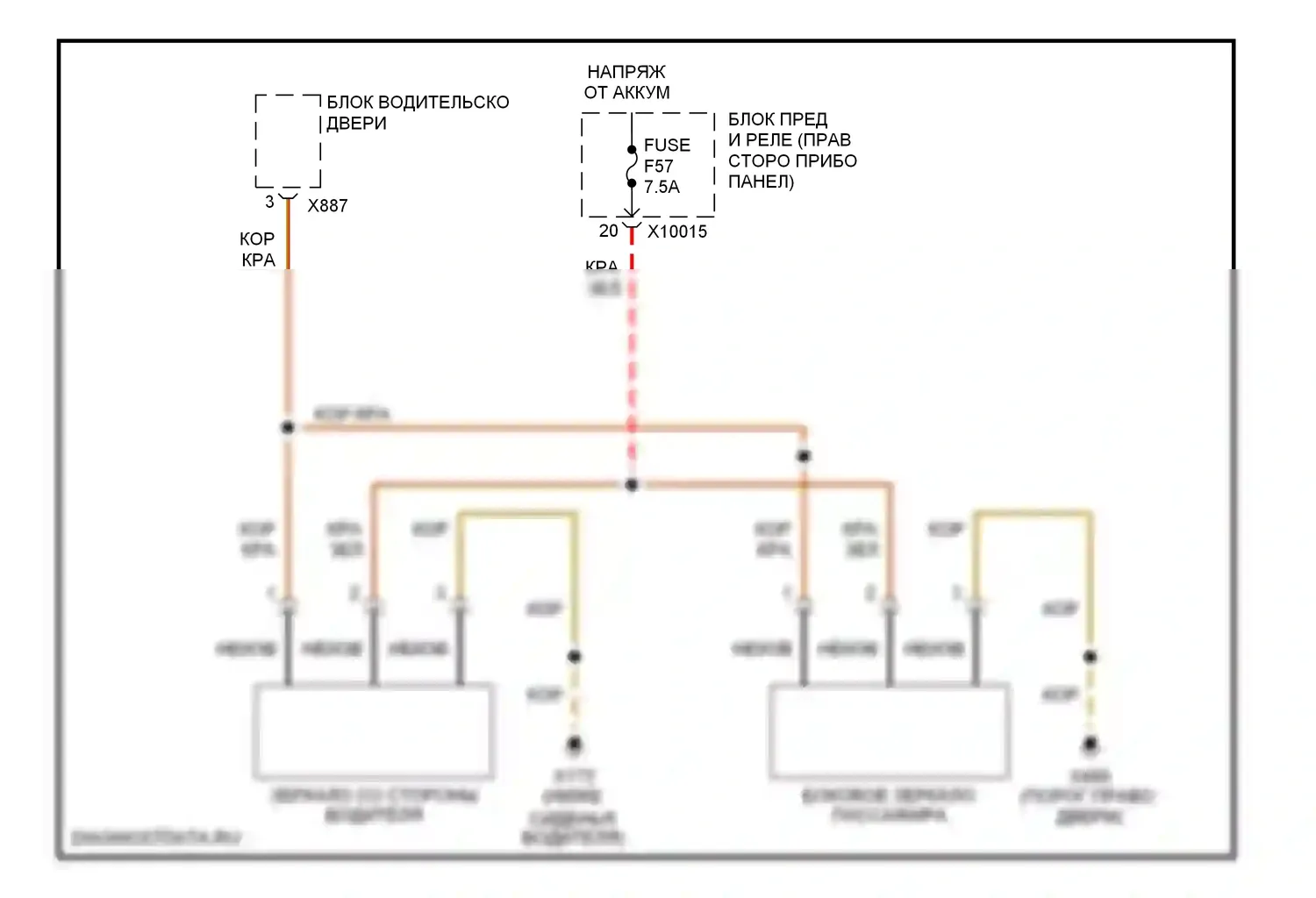 X3 BMW E83 рестайлинг (2006-2010): Электросхема управления зеркалами заднего вида, с откидными зеркалами 