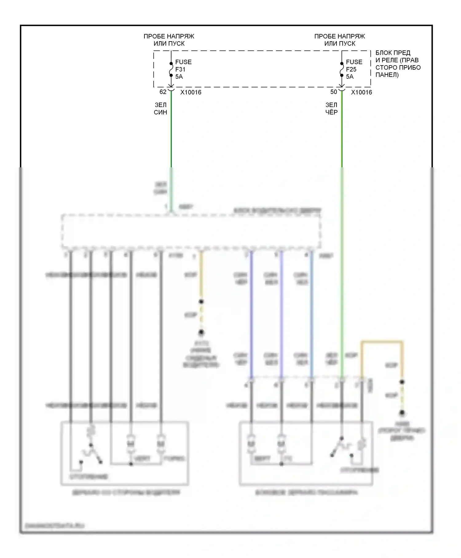 X3 BMW E83 (2003-2006): Электросхема управления зеркалами заднего вида, без откидных зеркал 
