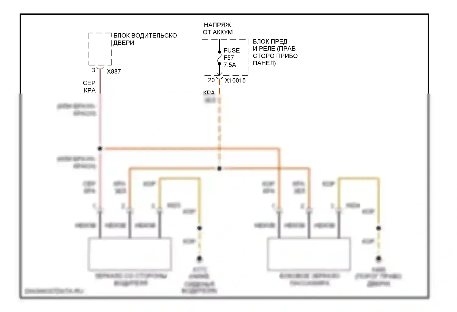 X3 BMW E83 (2003-2006): Электросхема управления зеркалами заднего вида, с откидными зеркалами 