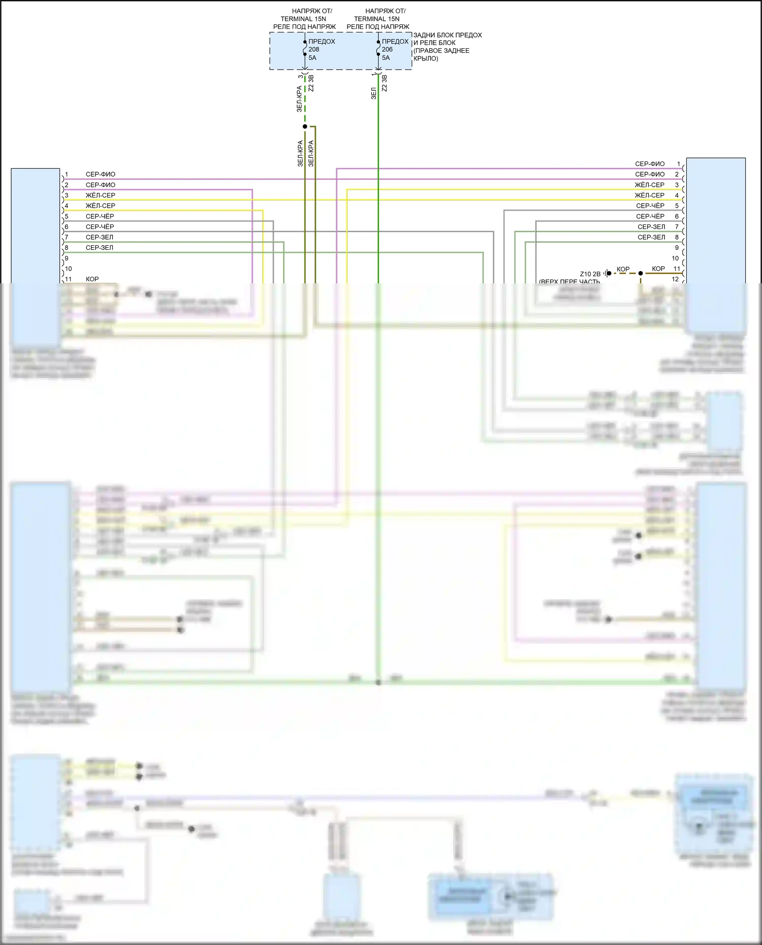 X3 BMW G01 рестайлинг (2021-2024): Электросхема сигнализации о выезде с полосы движения, без камеры, с датчиками изменения полосы движения спереди и сзади 