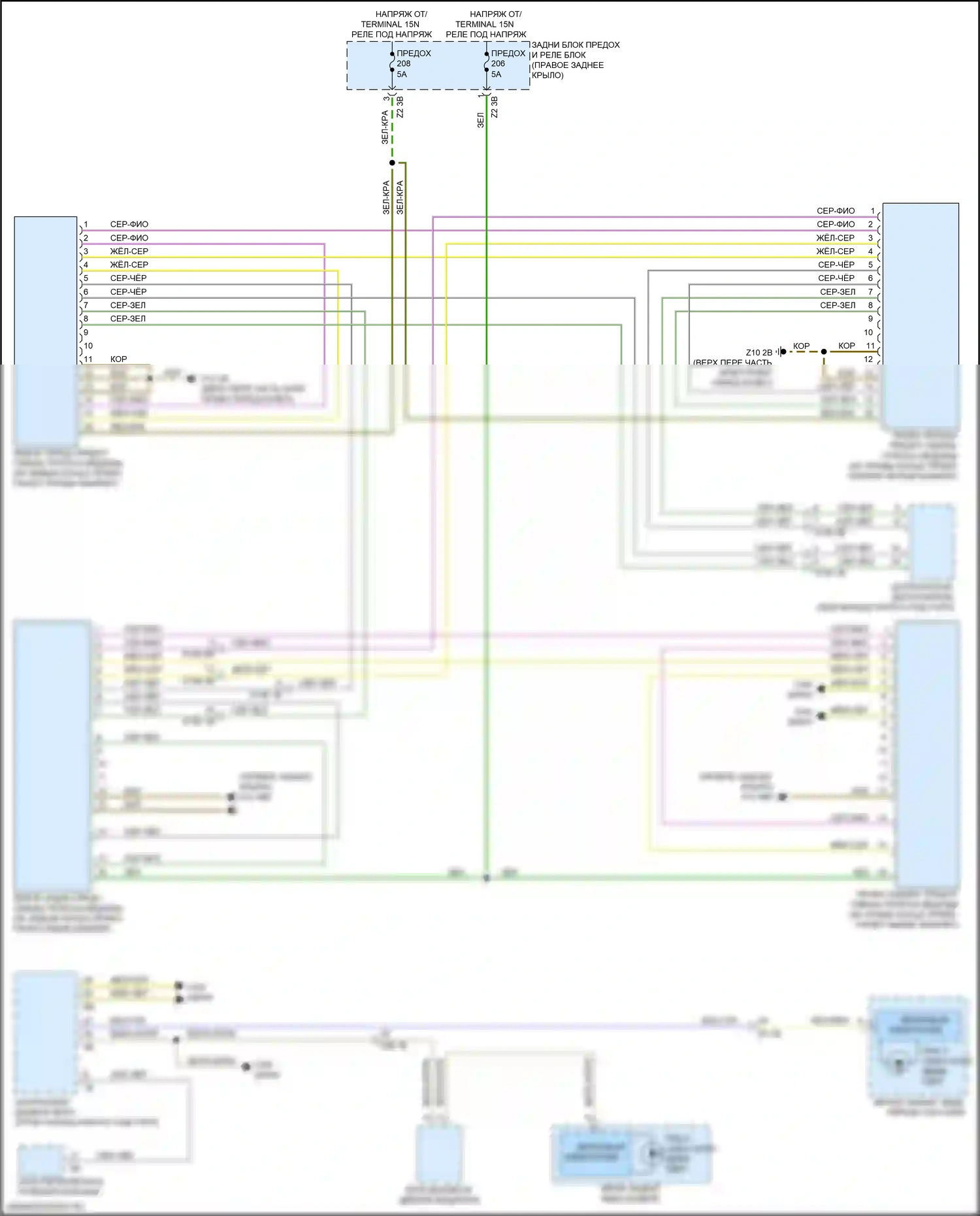 X3 BMW G01 (2017-2021): Электросхема сигнализации о выезде с полосы движения, без камеры, с датчиками изменения полосы движения спереди и сзади 