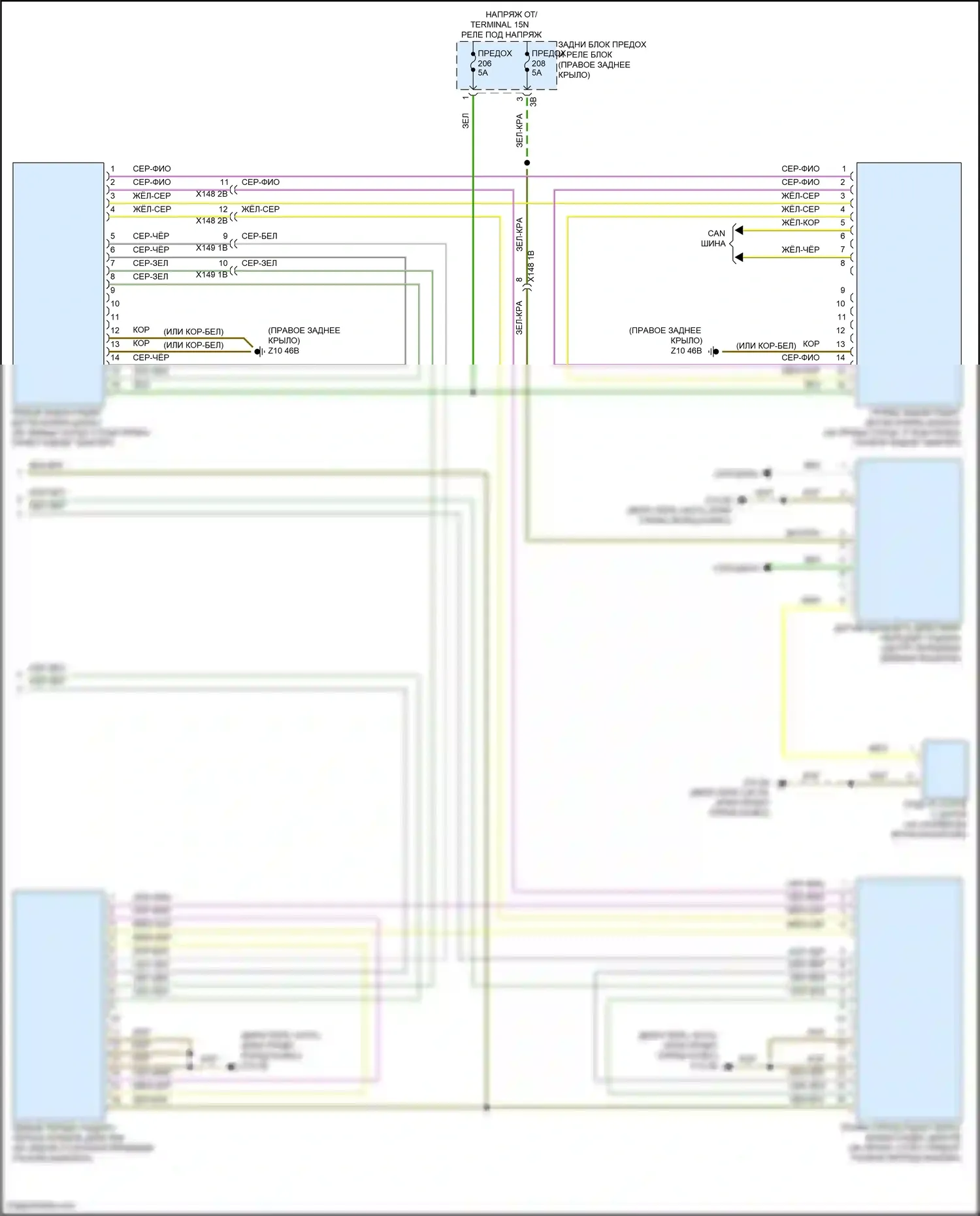 X4 BMW G02 рестайлинг (2021-2024): Электросхема контроля в слепой зоне с передним и задним радарными датчиками (2 из 2) 