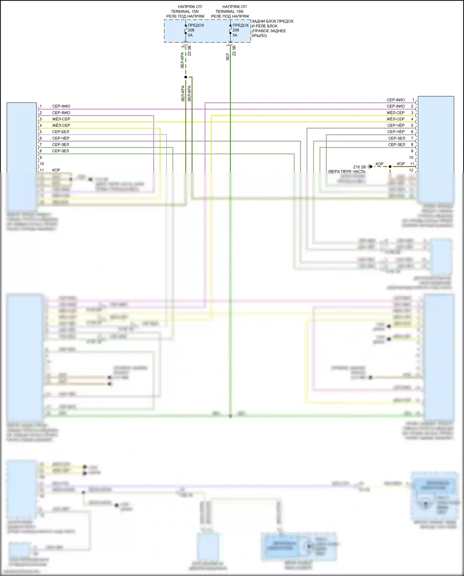 X4 BMW G02 (2018-2021): Электросхема сигнализации о выезде с полосы движения, без камеры, с датчиками изменения полосы движения спереди и сзади 