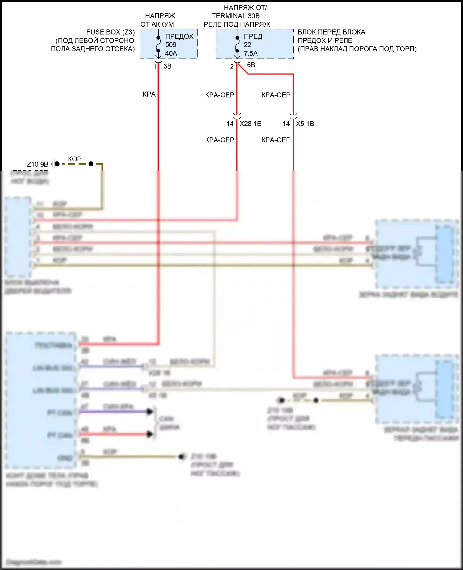 X5 M BMW F85 (2014-2018): Электросхема обогреваемых зеркал, с функцией шины lin 