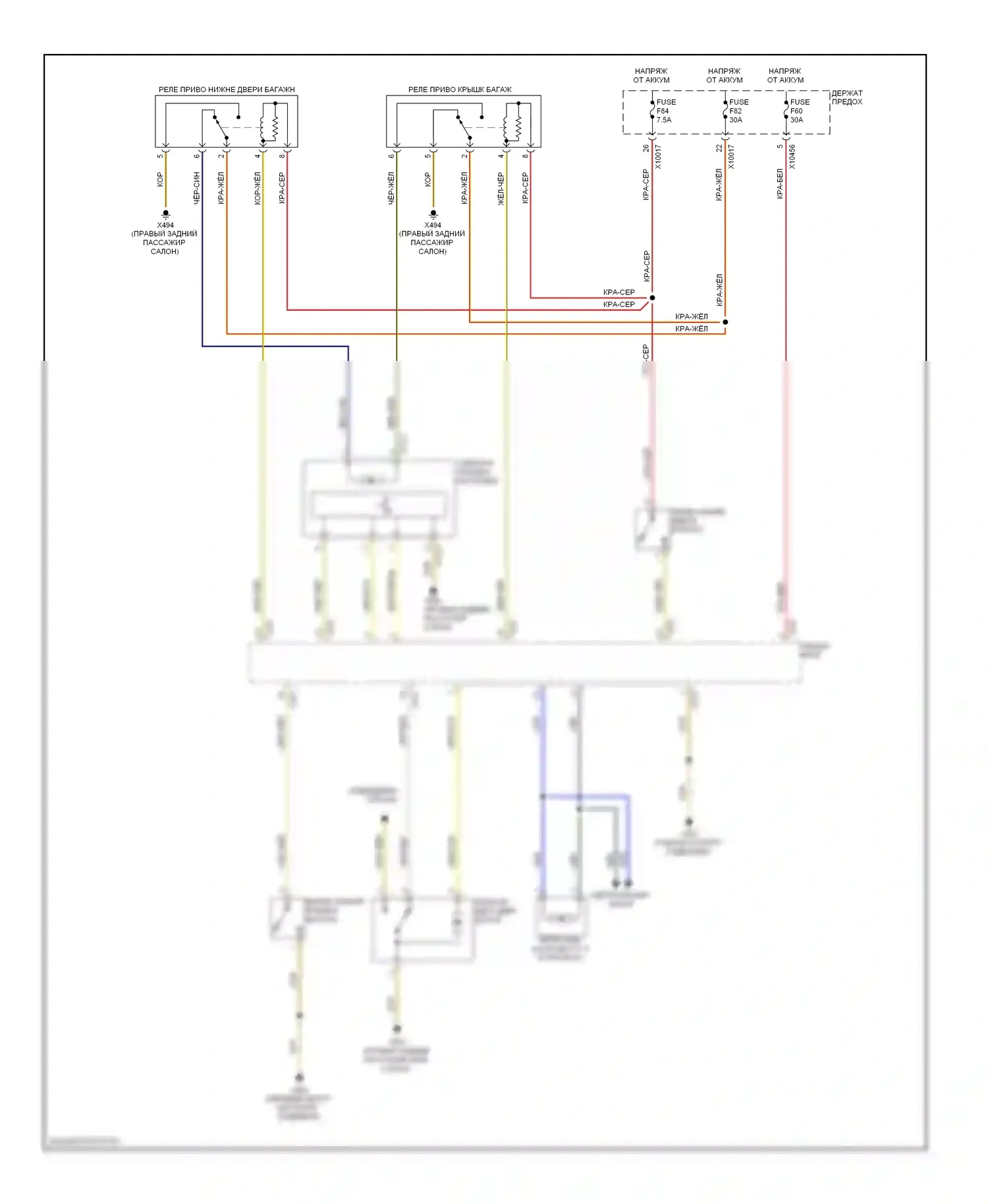 X5 BMW E53 рестайлинг (2003-2007): Электросхема открытия багажника и лючка топливного бака 