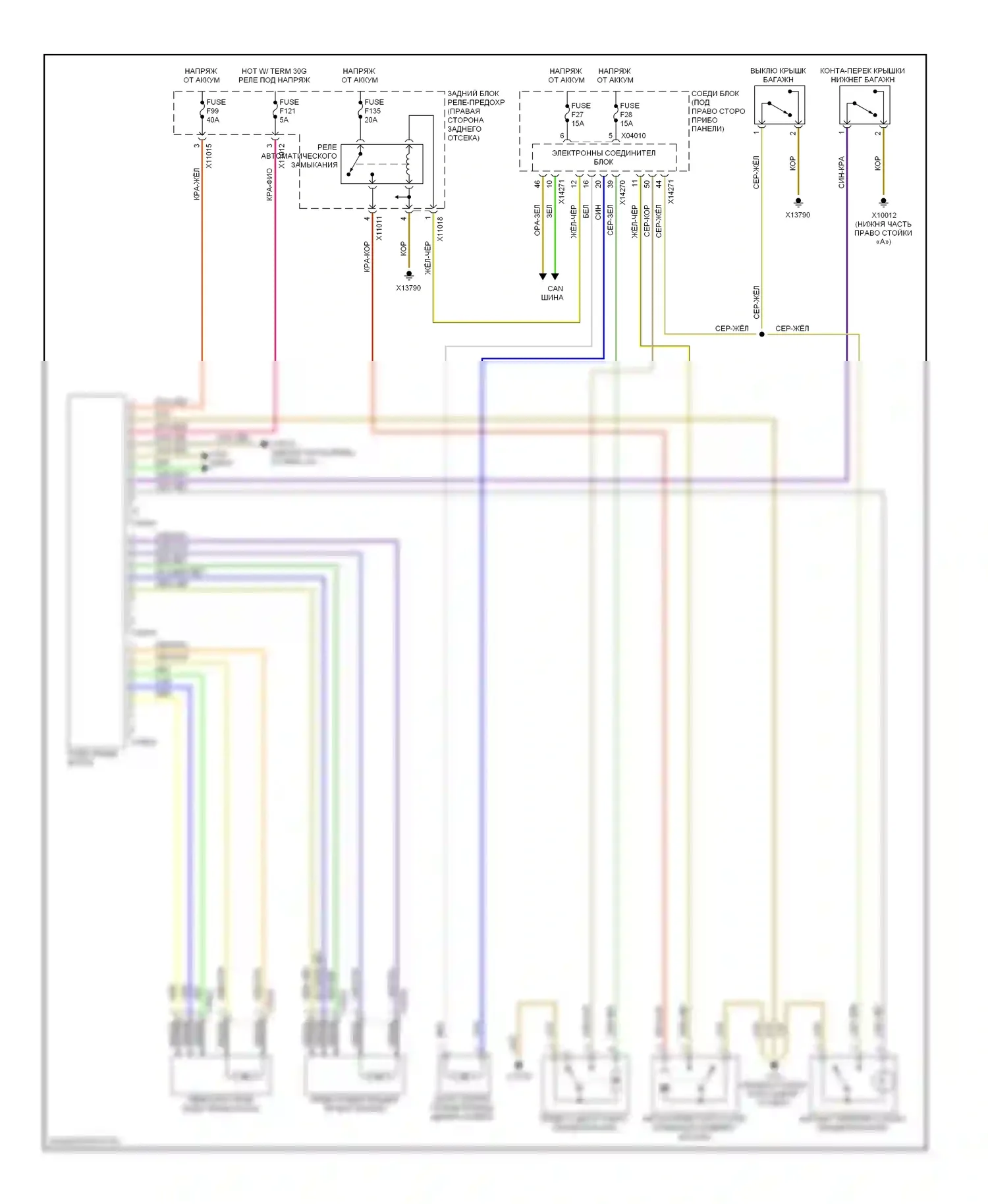 X5 BMW E70 (2006-2010): Электросхема открытия багажника и лючка топливного бака 