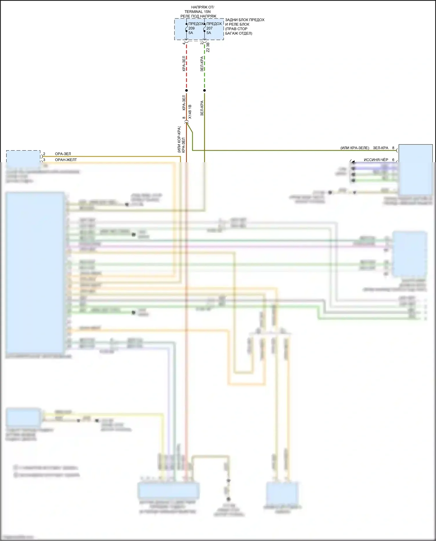 X5 BMW G05 (2018-2023): Электросхема контроля в слепой зоне с передним и задним радарными датчиками (1 из 2) 