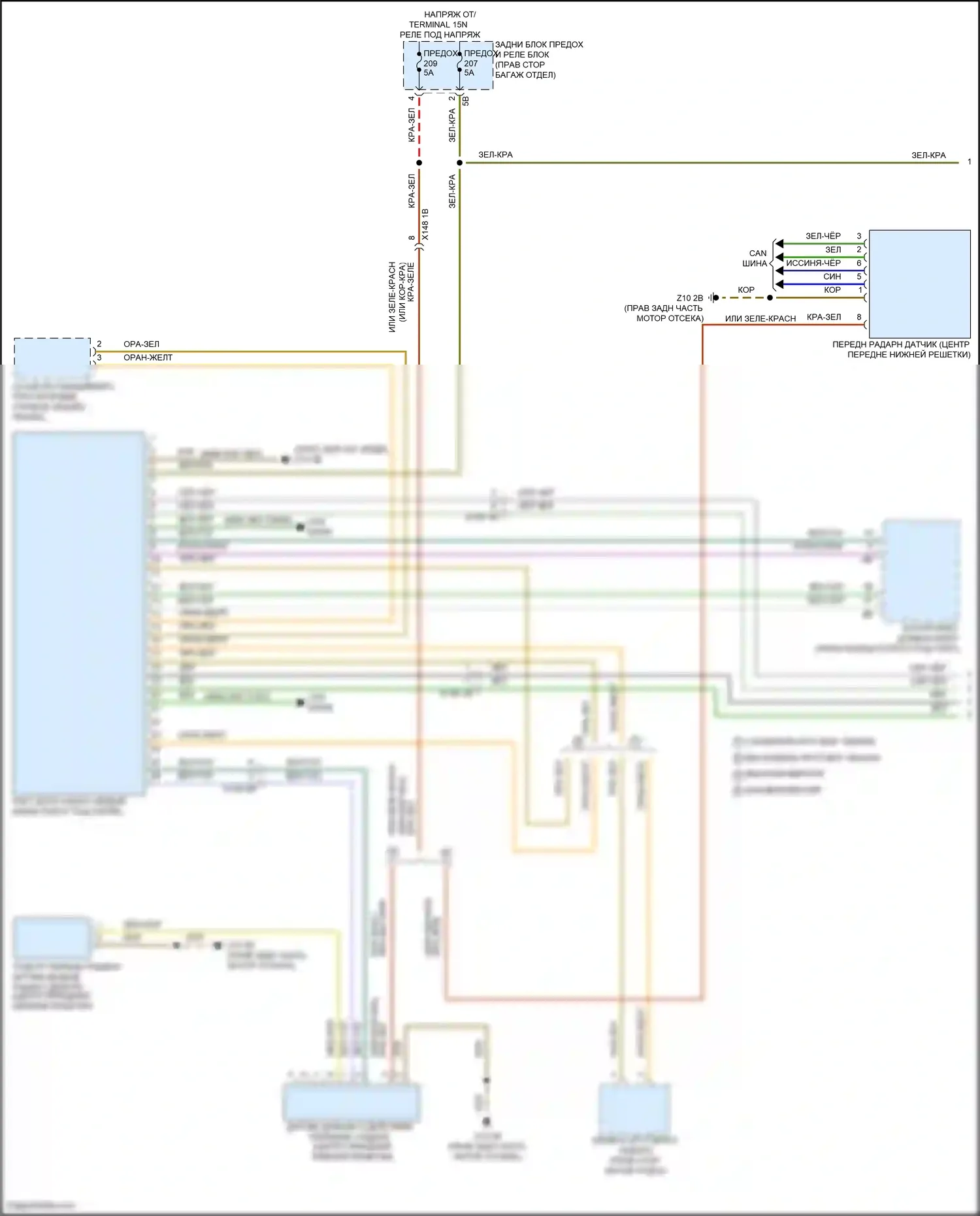 X6 M BMW F96 рестайлинг (2023-2024): Электросхема контроля в слепой зоне с передним и задним радарными датчиками (1 из 2) 