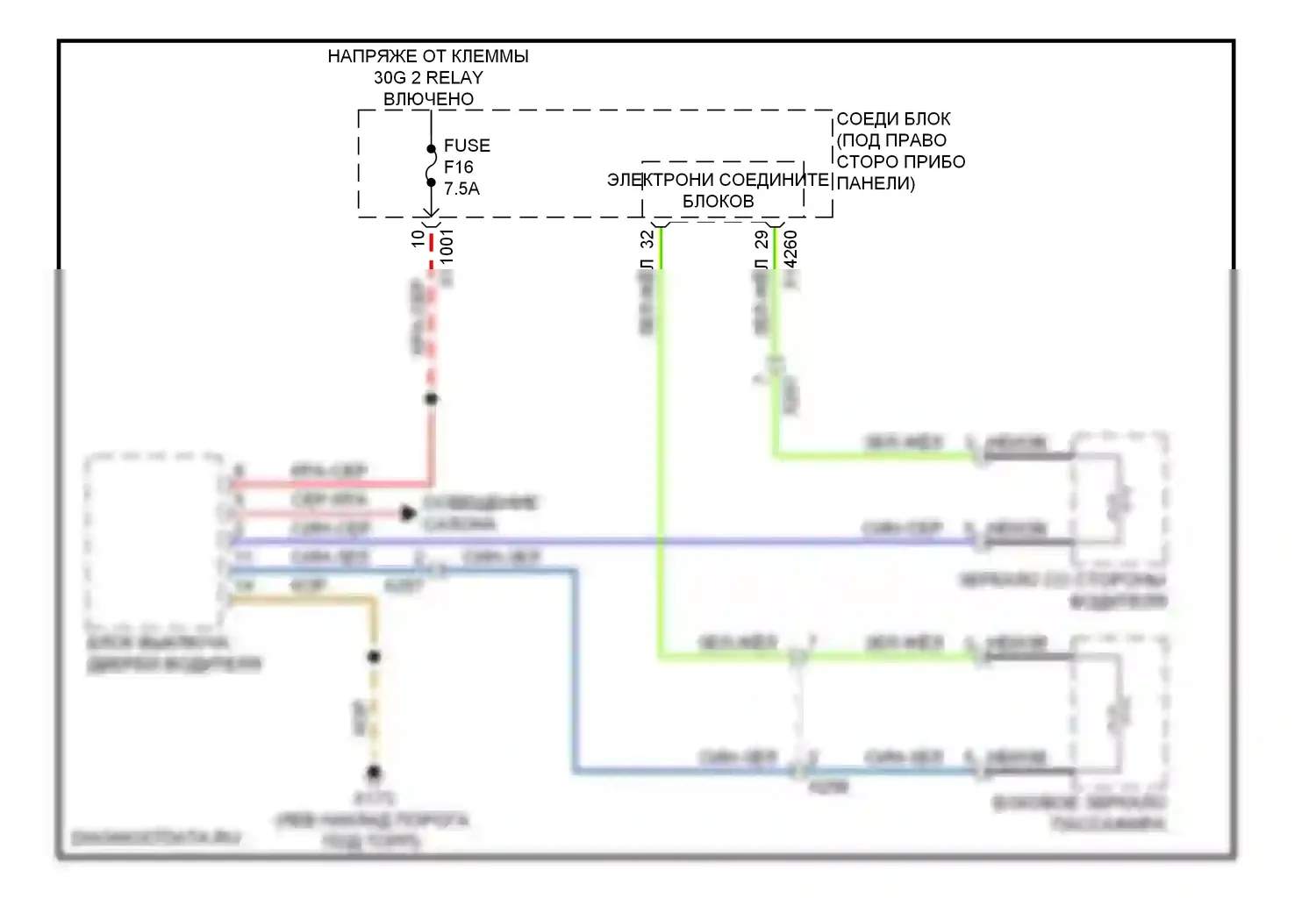 X6 BMW E71 (2007-2012): Электросхема обогреваемых зеркал, без функции lin bus 