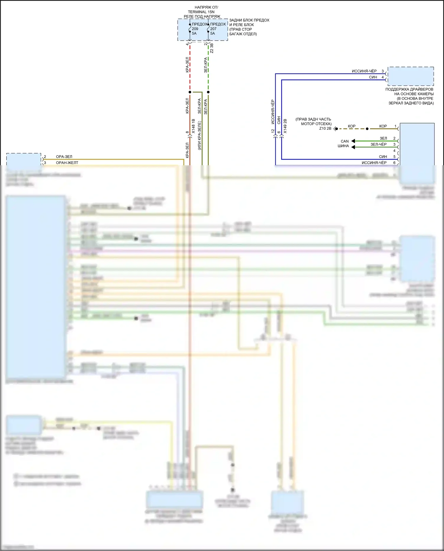 X7 BMW G07 (2018-2022): Электросхема контроля в слепой зоне с передним и задним радарными датчиками (1 из 2) 