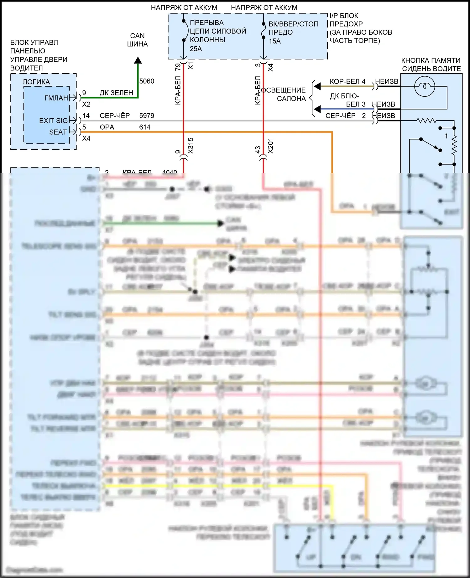 Enclave Buick I рестайлинг (2013-2017): Электросхема наклона питания памяти и телескопического подключения питания 